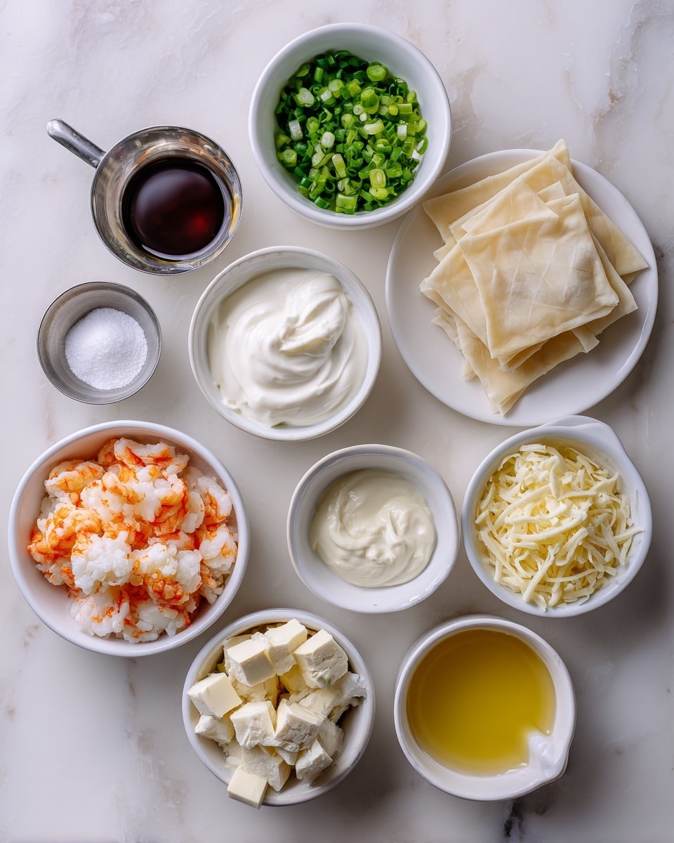 The image shows several small white bowls and a white plate arranged on a white marbled surface, each labeled with different ingredients. Starting from the top, there is a white bowl filled with chopped green onions, followed by a half-cup measuring cup containing white sour cream. To the left, there's a small metal cup with dark soy sauce, and beside it, a white plate holding a neat stack of square, light beige wonton wrappers. Below that, there's a tiny white bowl with white sugar, and next to it, a metal cup holding creamy white mayonnaise. In the middle, a white bowl contains several chunks of white cream cheese. To the right, a white bowl is filled with shredded pale yellow Monterey Jack cheese, while a tiny white bowl holds minced garlic. At the bottom left, a white bowl is full of orange and white imitation crab pieces. Lastly, on the bottom right, there's a white measuring cup filled with clear yellow frying oil. The photo taken with an iphone --ar 4:5 --v 7