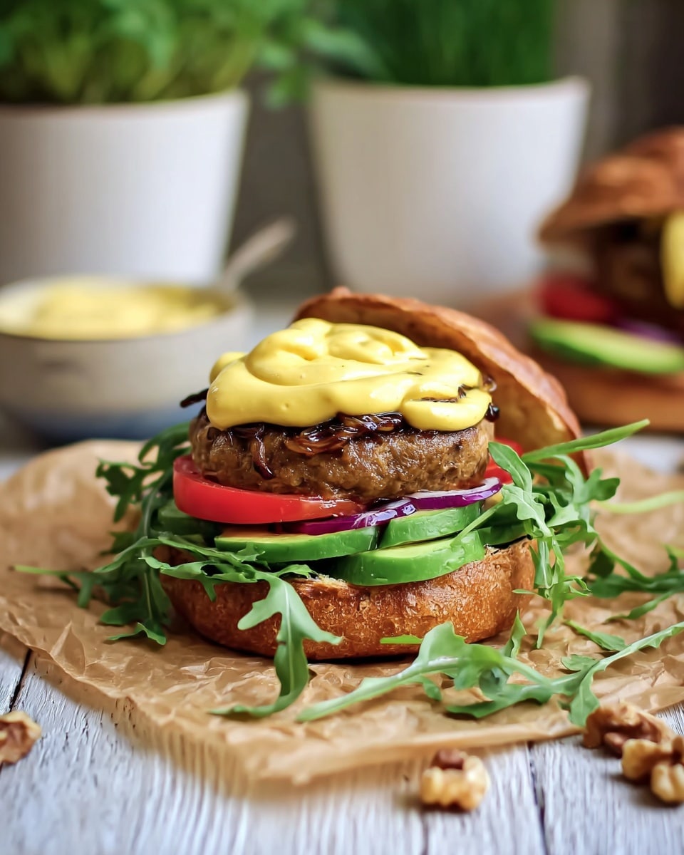 A burger with a bottom bun topped by green arugula leaves, light green sliced avocado, and red tomato slices. On top sits a brown patty covered with a swirl of thick yellow sauce. The top bun is open in the background, showing caramelized brown onions. The burger is placed on brown parchment paper on a white wooden table with some walnut pieces scattered around. Behind the burger, there are blurred white pots with green plants. Photo taken with an iphone --ar 4:5 --v 7