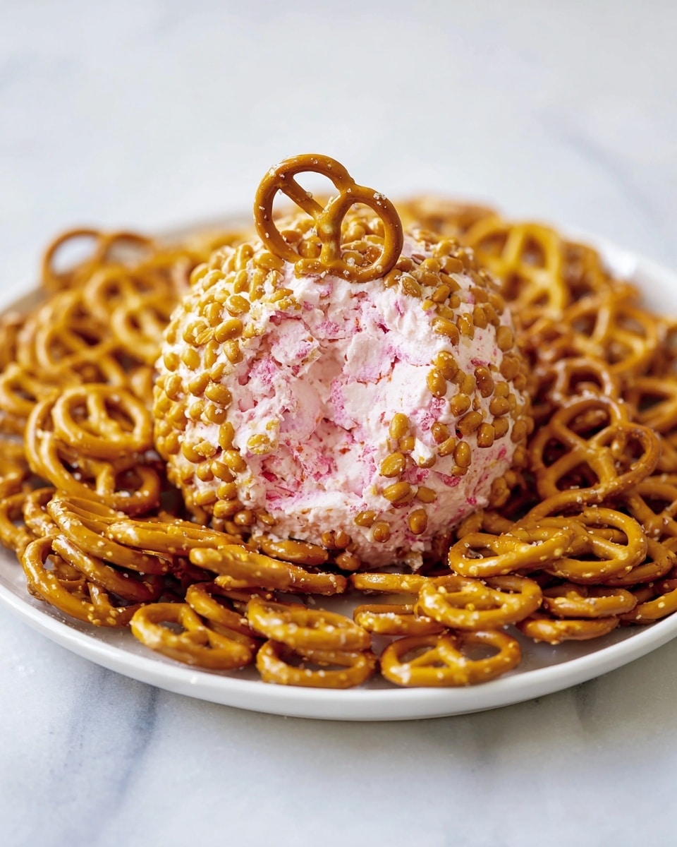 A white plate with a round pink cheese ball covered in a layer of small golden pretzels. The cheese ball has a rough texture with visible bits of pink inside. There is a larger pretzel stuck into the top center of the cheese ball. Around the cheese ball, the plate is filled with more golden pretzels, all resting on a white marbled surface. Photo taken with an iphone --ar 4:5 --v 7