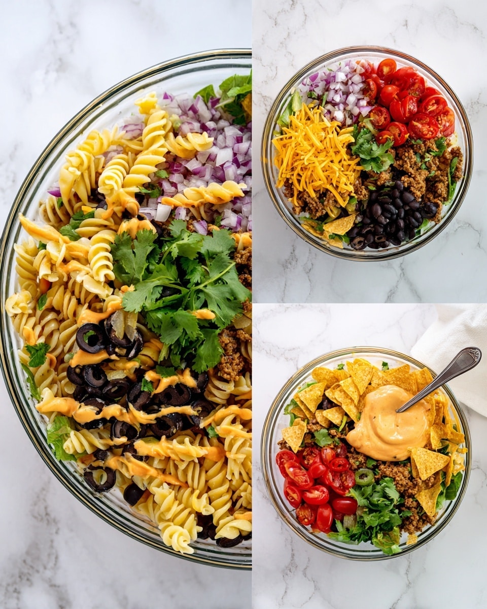 A clear glass bowl sits on a white marbled surface, showing a colorful layered dish. The first image shows six neat sections inside the bowl: light yellow pasta spirals, dark black beans, chopped white and purple onions, brown cooked ground meat, sliced black olives, shredded yellow cheese, and bright red halved cherry tomatoes with fresh green cilantro leaves as a centerpiece. In the second image, all ingredients are mixed together, blending the colors and textures—soft spiraled pasta, dark beans, rough meat, and bits of veggies with green cilantro on top. The third image adds thick dollops of creamy, smooth orange sauce on top of the mixed ingredients. The fourth image shows the dish fully mixed, with crunchy light yellow tortilla chip pieces mixed in, scattered shredded cheese, bright tomatoes, and fresh cilantro throughout, and a silver spoon partly in the bowl. The setting is clean and bright, emphasizing the fresh colors of the layered ingredients photo taken with an iphone --ar 4:5 --v 7