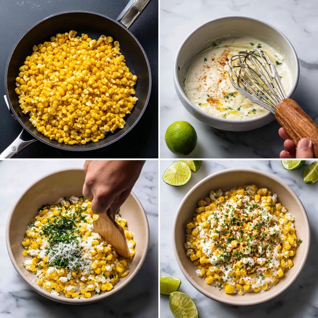 The image shows four steps of making a corn dish arranged in a grid. In the first image, yellow corn kernels fill a black frying pan on a dark surface. The second image shows a white bowl with a cream sauce topped with green herbs and a sprinkle of seasoning, with a wooden-handled whisk resting inside. The third image has a woman's hand stirring a white bowl filled with the cooked corn, chopped green herbs, and white cheese crumbles. The last image shows a close-up of the finished dish in a white bowl on a white marbled surface, with corn covered in white sauce, sprinkled with green herbs and red seasoning, and two lime wedges on the side. Photo taken with an iphone --ar 4:5 --v 7