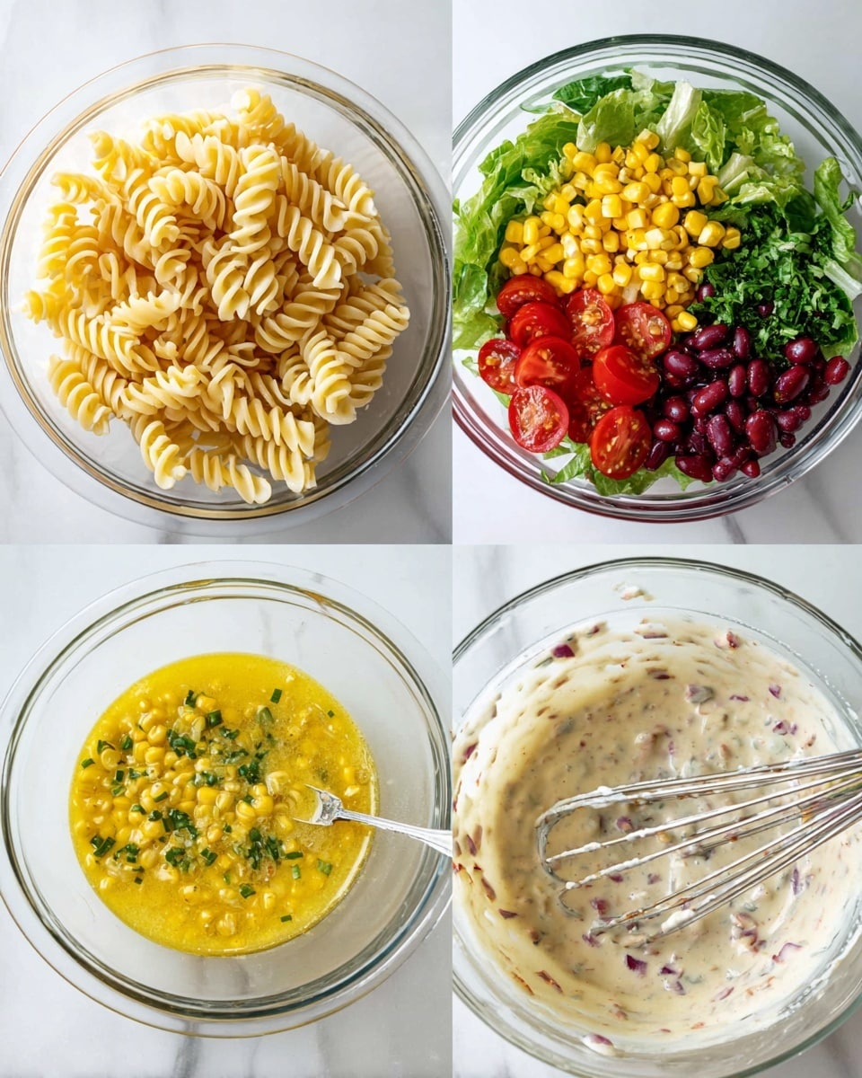 The image shows four parts of a salad-making process in clear glass bowls placed on a white marbled surface. The top left bowl contains pale yellow spiral pasta, with its tightly wound ridges clearly visible, filling the bowl almost to the top. The top right bowl is layered with bright green lettuce leaves at the bottom, topped with yellow corn kernels piled mostly on the left side, dark red beans below the corn, sliced red cherry tomatoes scattered on the right, and finely chopped green herbs placed above the tomatoes. The bottom left bowl holds a bright yellow dressing with small bits of chopped red onion mixed throughout, giving it a slightly textured look. The bottom right bowl shows a creamy, off-white dressing with small red onion pieces, being stirred by a silver whisk partially submerged in the mixture. Photo taken with an iphone --ar 4:5 --v 7