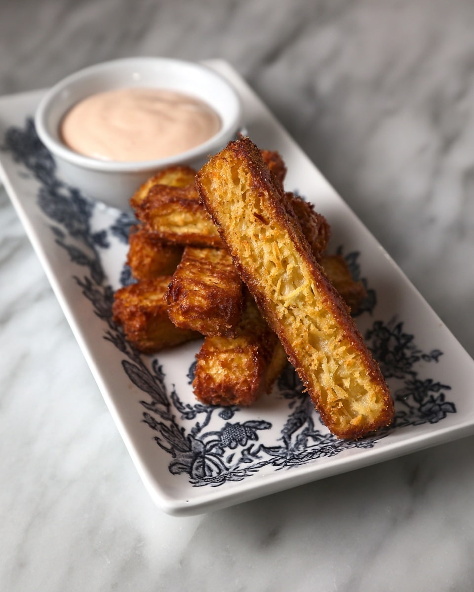 A close-up image showing four golden-brown, crispy fried finger-shaped snacks arranged on a white bowl with blue floral prints, which is placed on a matching rectangular plate. One snack is held by a woman's hand, dipping into a small white bowl filled with a light pink creamy sauce. The background surface is a white marbled texture. The lighting is natural, highlighting the crunchy texture of the fried snacks and the smooth sauce, with a soft focus on the background. photo taken with an iphone --ar 4:5 --v 7