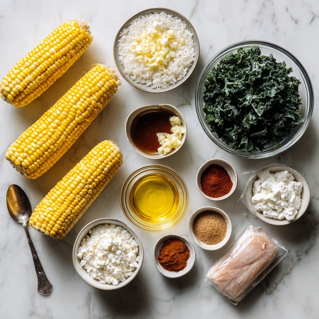 The image shows a white marbled surface with various ingredients neatly arranged. In the top left corner, there are four bright yellow corn ears aligned horizontally. Below the corn, there is a small white bowl filled with white rice, and next to it is a small white bowl with chopped light yellow garlic. Below that are small bowls containing reddish-brown tajin spice and pale yellow lime juice. To the right of the corn is a large clear glass bowl filled with dark green curly kale. Below the kale is a small white bowl filled with dark amber maple syrup and one with golden olive oil. Next to those are small white bowls with reddish paprika powder, dark red chili powder, and white salt. In the bottom left corner in a clear bowl is crumbly white cotija cheese, and just above it, a bowl of thick white Greek yogurt. On the bottom right, there is a package of raw chicken with light pink flesh and a label partly visible. A metal spoon is placed near the paprika bowl. The whole setup is bright and clean. Photo taken with an iphone --ar 4:5 --v 7