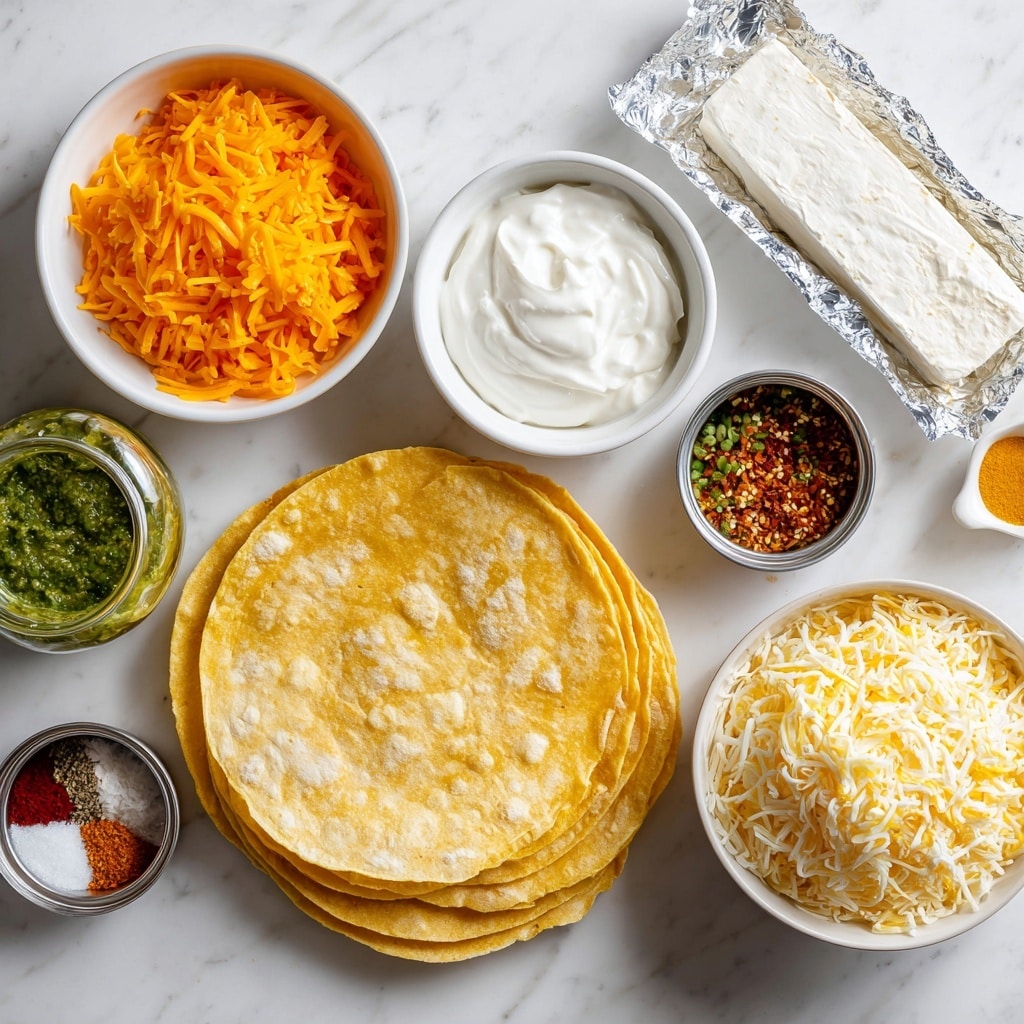 A flat lay of ingredients on a white marbled background includes several white bowls and containers arranged neatly: one white bowl with finely chopped orange bell pepper and onion side by side, a white bowl filled with shredded cheddar cheese at the bottom right, an opened foil package holding a block of cream cheese at the top right, and a small white bowl with sour cream at the bottom left. In the center are golden-yellow flour tortillas stacked overlapping each other. There is a small open tin revealing chopped green chilies next to a small dish with red and white spices. A glass jar of green basil pesto sits near the sour cream bowl. The setting has a clean, bright look with all items clearly visible. Photo taken with an iphone --ar 4:5 --v 7