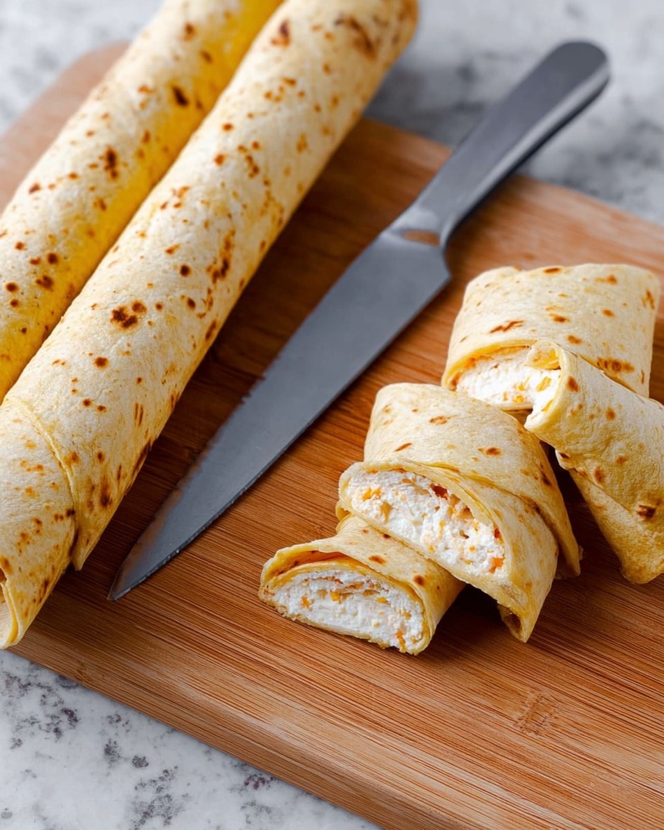 Two long rolled tortillas with a light golden brown color and some darker spots lie on a wooden cutting board. One of the tortillas is sliced into several pieces, showing a creamy white filling with small orange bits inside. A silver knife with a black handle rests on the cutting board near the sliced pieces, ready to cut more. The background is a white marbled surface. photo taken with an iphone --ar 4:5 --v 7