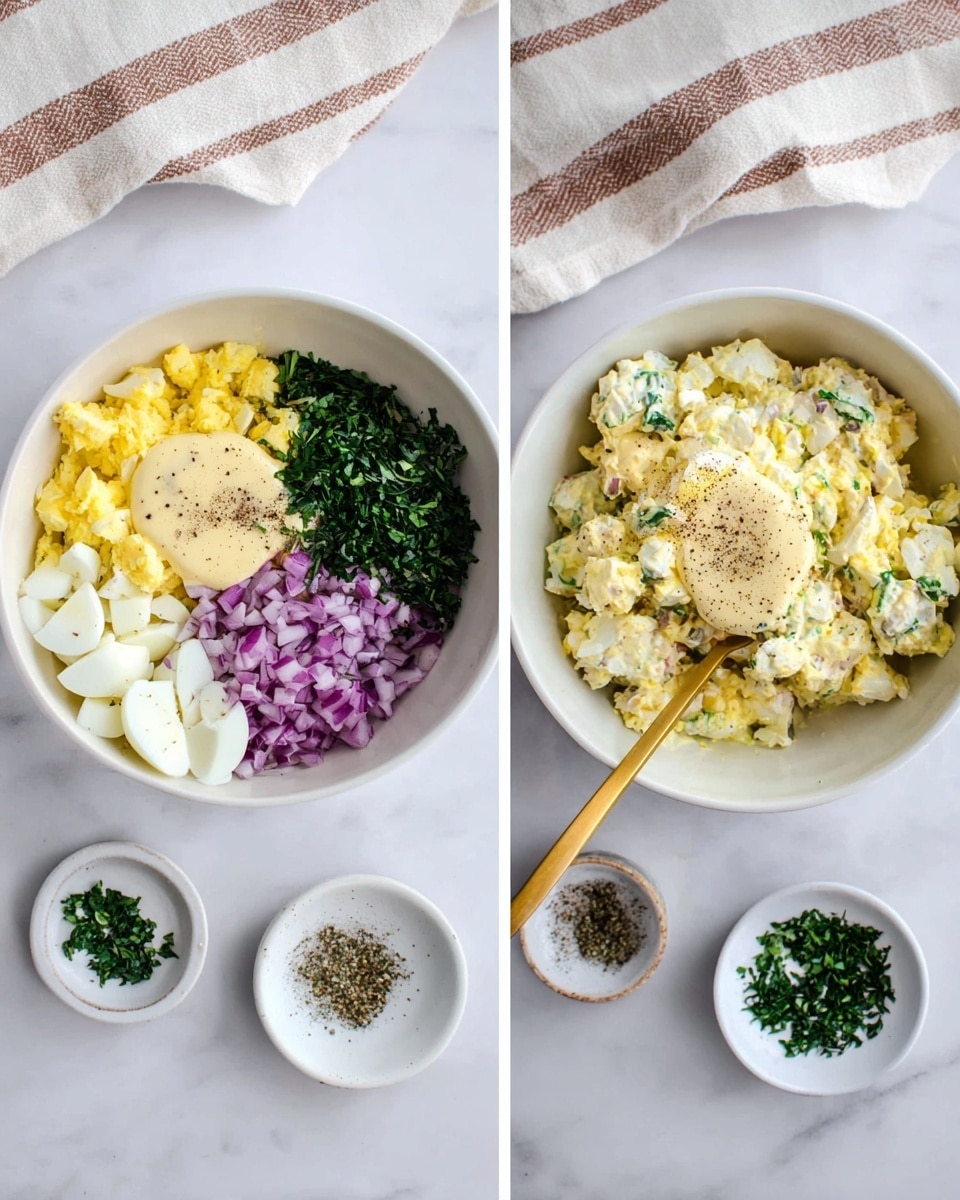 The image shows two white bowls on a white marbled surface; the left bowl contains separate layers of chopped yellow and white boiled eggs at the bottom left, bright purple finely chopped onions at the top left, fresh dark green herbs at the top right, and a light yellow creamy sauce topped with black pepper at the center. The right bowl displays a mixture of these ingredients fully combined into a creamy, chunky salad with visible pieces of egg, herbs, and onion, with a gold spoon sticking out from the mixture. Two small white dishes below the bowls hold chopped herbs and ground black pepper, and a woman's hand holds a gold spoon near the right bowl. A beige and white striped cloth is partly visible in the top background. Photo taken with an iphone --ar 4:5 --v 7