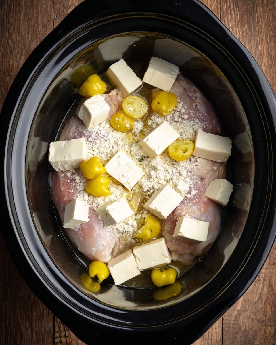 Inside a black slow cooker, there are two raw chicken pieces at the bottom, light pink in color and smooth in texture. On top of the chicken, several small whole yellow peppers are placed scattered around. There are also several thick white cubes of butter spread on top, some directly on the chicken and others near the peppers. A light dusting of white powder, likely flour or seasoning, covers much of the chicken and butter. The slow cooker sits on a wooden surface, replaced here with a white marbled texture. photo taken with an iphone --ar 4:5 --v 7