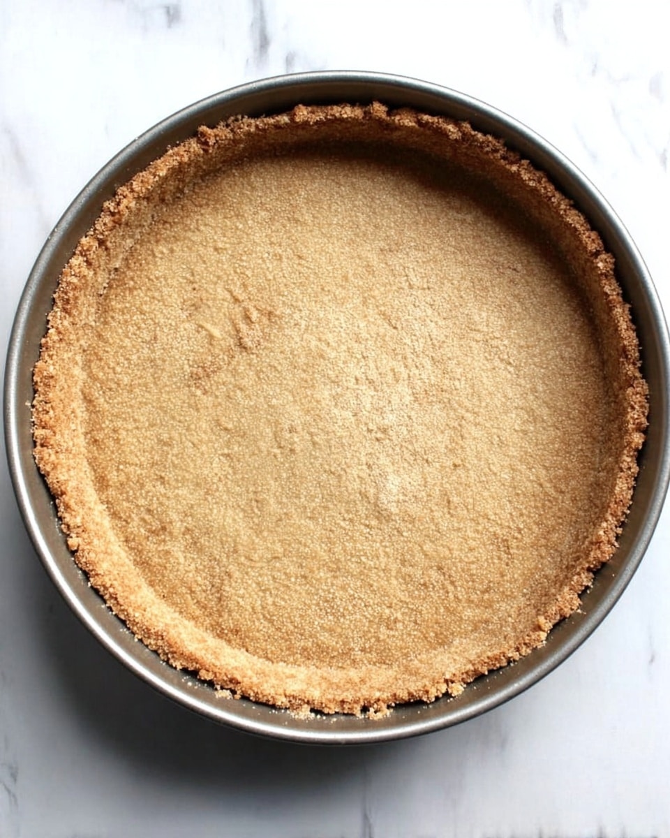 A single layer of a thick, crumbly light brown crust pressed evenly inside a round metal pan, covering the bottom and sides with a rough textured surface and slight ridges along the edges, all placed on a white marbled surface photo taken with an iphone --ar 4:5 --v 7