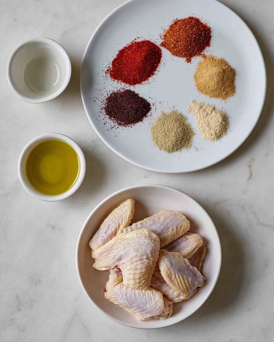 A white plate holds seven small piles of different spices arranged in a loose circle, with colors ranging from dark red to light beige. The spices have various textures, from fine powders to coarse flakes and a compact mound. Below, a white bowl is filled with raw chicken wings stacked loosely, showing pale skin and a soft texture. To the left, a small white cup contains a greenish-yellow liquid, likely oil. All items sit on a white marbled surface. Photo taken with an iphone --ar 4:5 --v 7