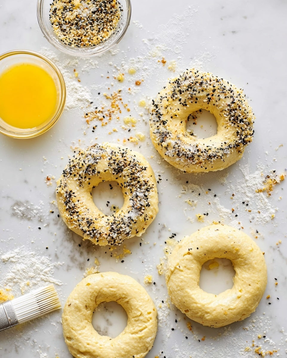 Four raw bagel dough rings are placed on a white marbled surface sprinkled lightly with flour. Two of the rings, positioned at the top left and bottom right, are topped with a mix of black and white sesame seeds and small bits of dried onion, adding black, white, and golden texture on their pale dough. The other two rings, located at the top right and bottom left, are plain without toppings, showing a smooth, slightly shiny, pale yellow dough. Nearby, a small clear bowl filled with the seed mixture sits at the top left, while a glass bowl with bright yellow beaten egg yolk and a white pastry brush are visible at the bottom corners. Drips of egg wash and scattered seeds and flour add an informal, fresh baking feel. photo taken with an iphone --ar 4:5 --v 7