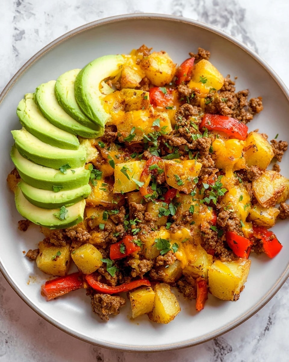 A white plate holds a dish made of three main layers: the bottom layer has small, golden brown diced potatoes mixed with bright red bell pepper pieces and small chunks of cooked ground meat, all seasoned and slightly glossy; scattered on this base are melted yellow cheese pieces blending into the meat and potatoes; the top layer shows several thin, curved slices of fresh light green avocado arranged neatly on one side, garnished with chopped green herbs. The plate sits on a white marbled textured surface. Photo taken with an iphone --ar 4:5 --v 7