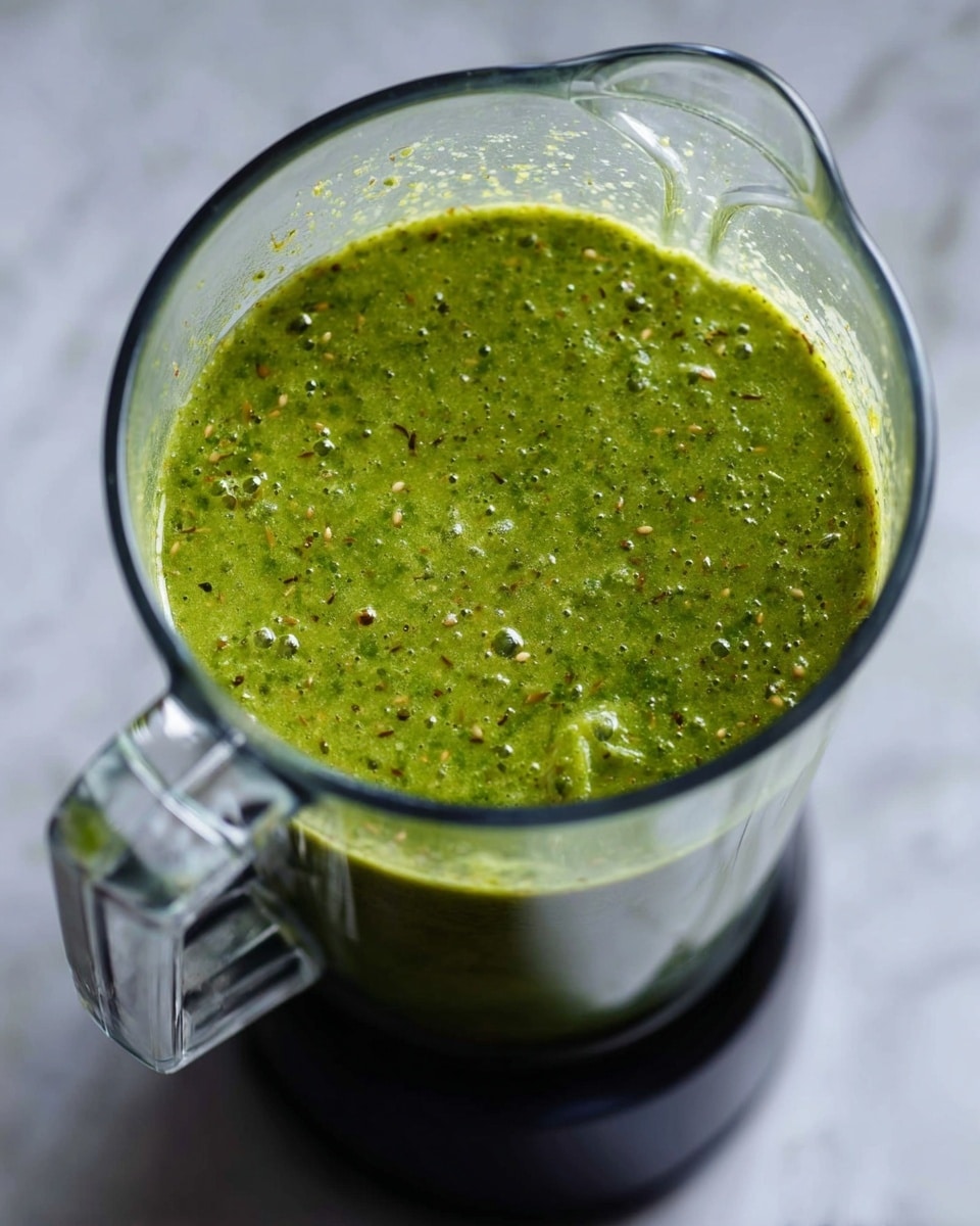 A clear blender jar filled with a thick green sauce that has a slightly chunky texture with small bits and bubbles on the surface. The sauce fills almost to the top, showing different shades of green with tiny white and brown seeds mixed in. The blender has a clear handle and a black base, placed on a white marbled surface. The scene is lit softly, highlighting the fresh and natural look of the sauce photo taken with an iphone --ar 4:5 --v 7