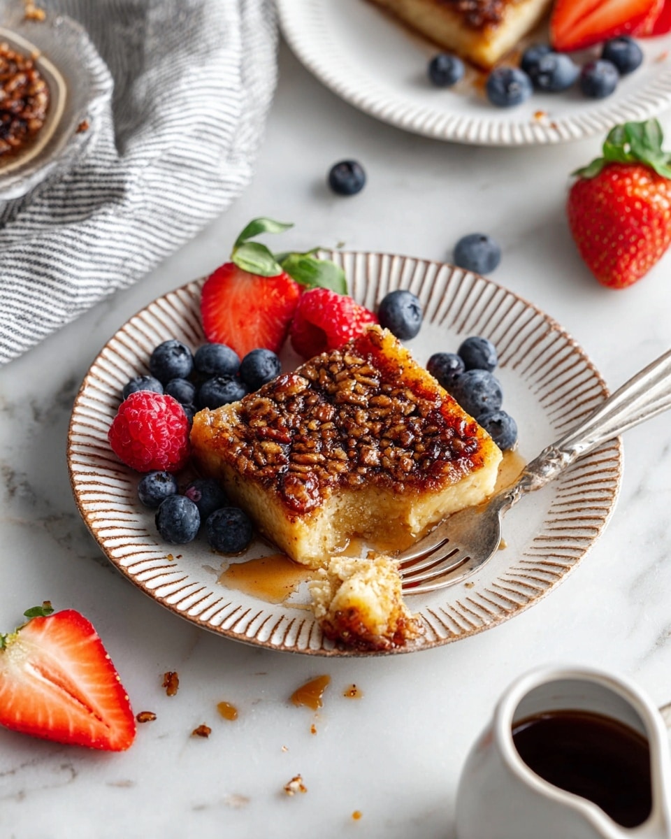 A white plate with brown ridged edges holds a square piece of sticky, golden brown dessert topped with a layer of dark brown, textured pecan bits. Next to the dessert are fresh berries: bright red raspberry and strawberry halves with green leaves, and deep blue blueberries. A metal fork with a bite-sized piece of the dessert is placed on the plate, pointing towards the bottom of the image. Nearby, a small white jug filled with dark syrup and scattered blueberries and a strawberry rest on a white marbled surface. In the background, another white plate with similar berries and dessert is partly visible along with a striped gray cloth napkin. photo taken with an iphone --ar 4:5 --v 7