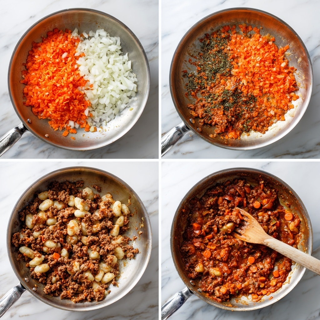 The image shows four stages of cooking in a shiny silver pan on a white marbled surface. In the first stage, the pan is filled with finely chopped orange carrots and white onions layered evenly on the bottom, showing a soft texture. The second stage adds small bits of ground meat and herbs mixed with the cooked carrots and onions, creating a speckled texture with orange and brown hues. The third stage shows the mixture thickened, with the meat fully combined into a rich, reddish-brown sauce with visible carrot and onion pieces stirred by a wooden spoon resting on the pan’s edge. The fourth stage adds small gnocchi, soft and slightly browned, nestled into the thick meat sauce, giving the dish a hearty and layered look. Photo taken with an iphone --ar 4:5 --v 7