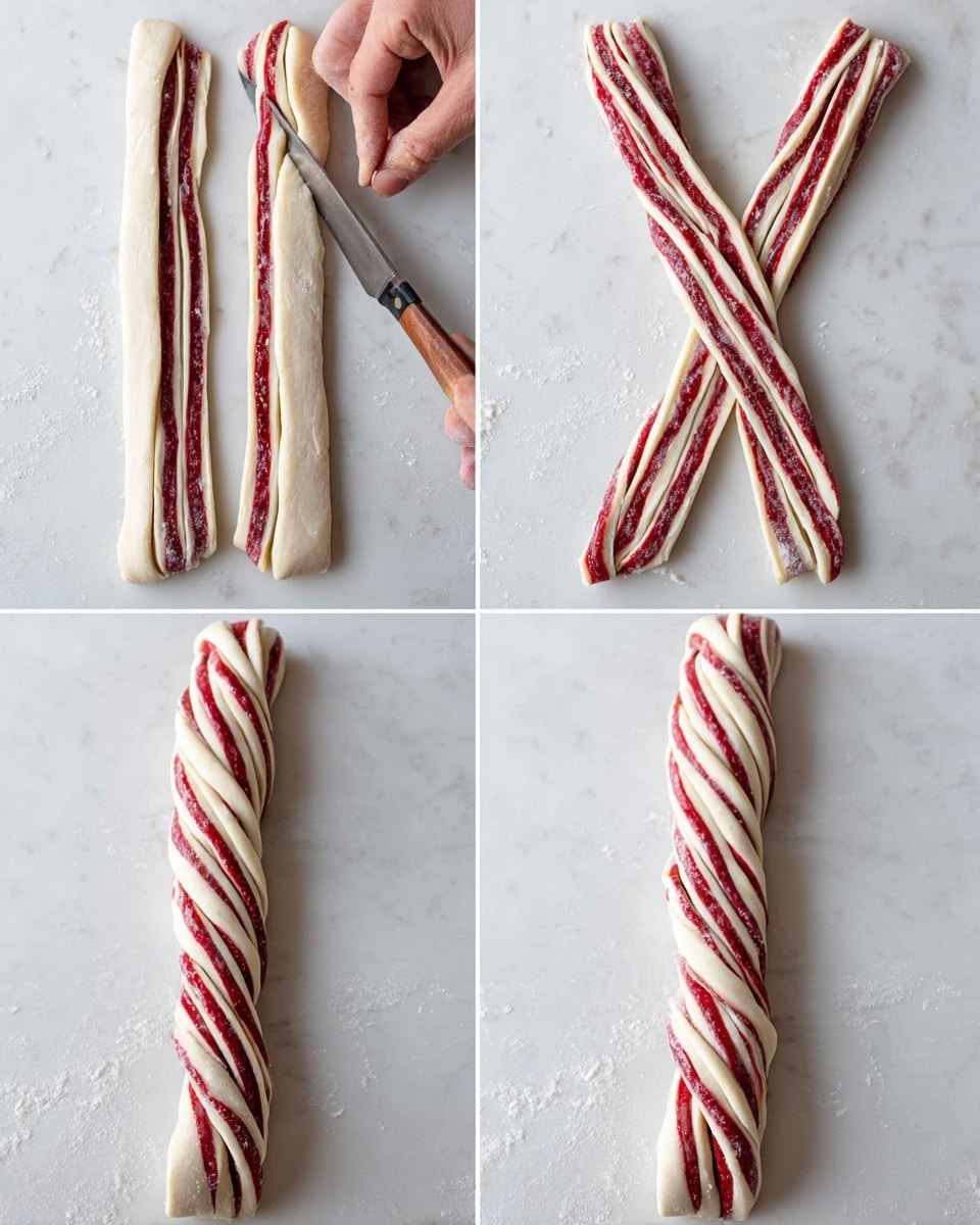 The image shows a process of twisting pastry dough filled with red fruit filling. In the first frame, the dough is cut in half lengthwise, revealing about six thin layers of cream-colored dough with bright red filling between them. In the second frame, the two halves are separated and crossed over each other to form an X shape, showing the striped red and white layers clearly. In the third frame, the two halves are partially twisted together in a spiral shape, with the red filling creating striking lines around the light dough. The final frame shows the dough fully twisted into a tight braid, with the layers of red and white yarn-like strands spiraling down the length of the braid. The background is a white marbled surface and a woman's hand is visible holding a knife in the first frame. photo taken with an iphone --ar 4:5 --v 7