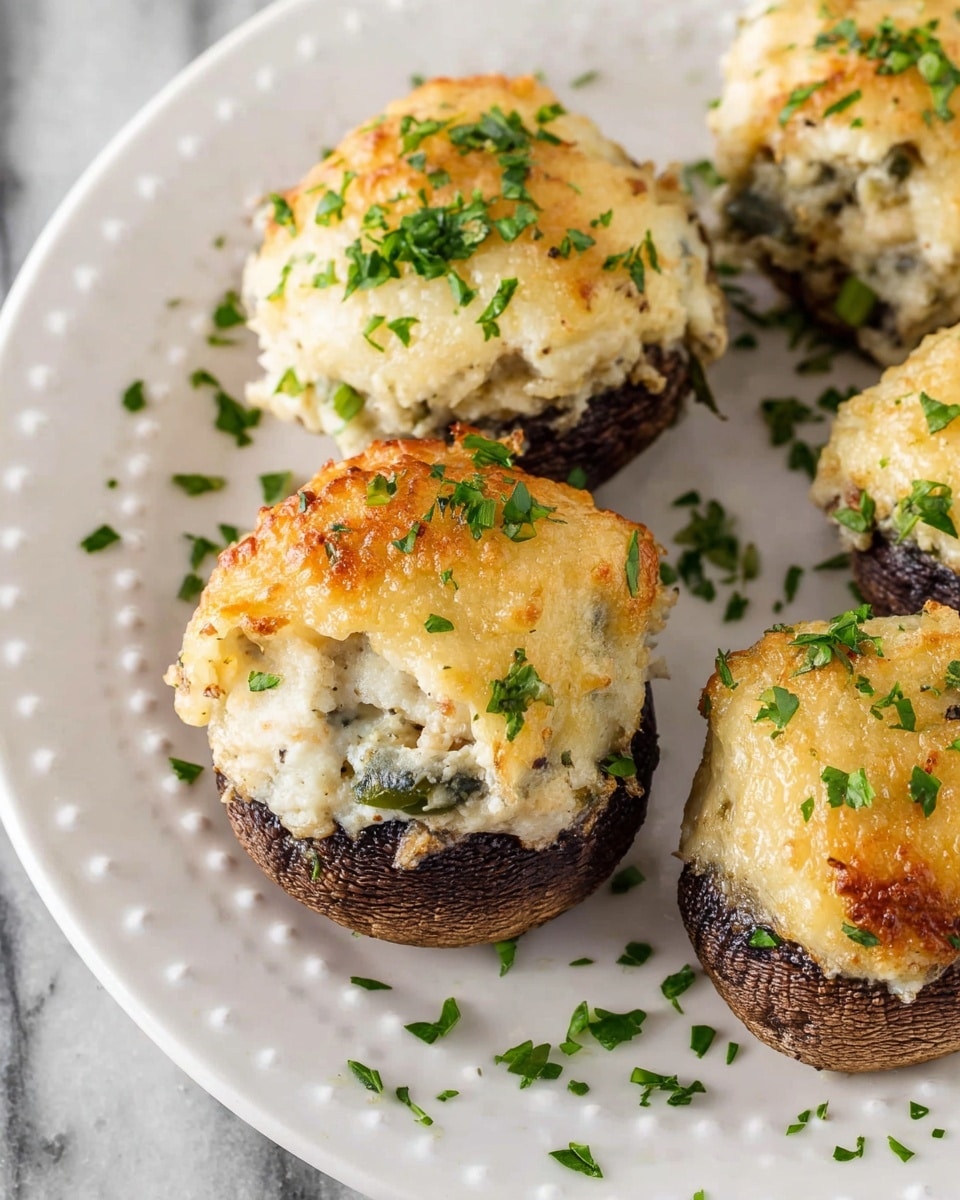 The image shows four stuffed mushrooms on a white plate with small raised dots around the edge. Each mushroom has three layers: a dark brown mushroom base, a thick middle layer of white creamy stuffing mixed with small green pieces, and a top layer of melted, light golden-brown cheese sprinkled with chopped green herbs. The mushrooms are arranged closely together on the plate, which sits on a white marbled surface, with a few scattered chopped herbs around. photo taken with an iphone --ar 4:5 --v 7