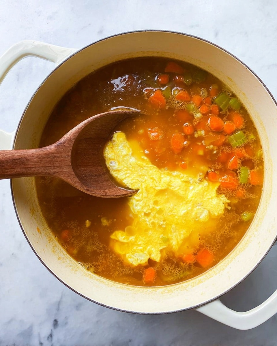 A white pot filled with orange-brown broth containing small chopped carrot and celery pieces. A wooden spoon lifts a thin, yellow, partly cooked egg layer that has a smooth and slightly folded texture, floating on top of the broth. The pot rests on a white marbled surface. photo taken with an iphone --ar 4:5 --v 7