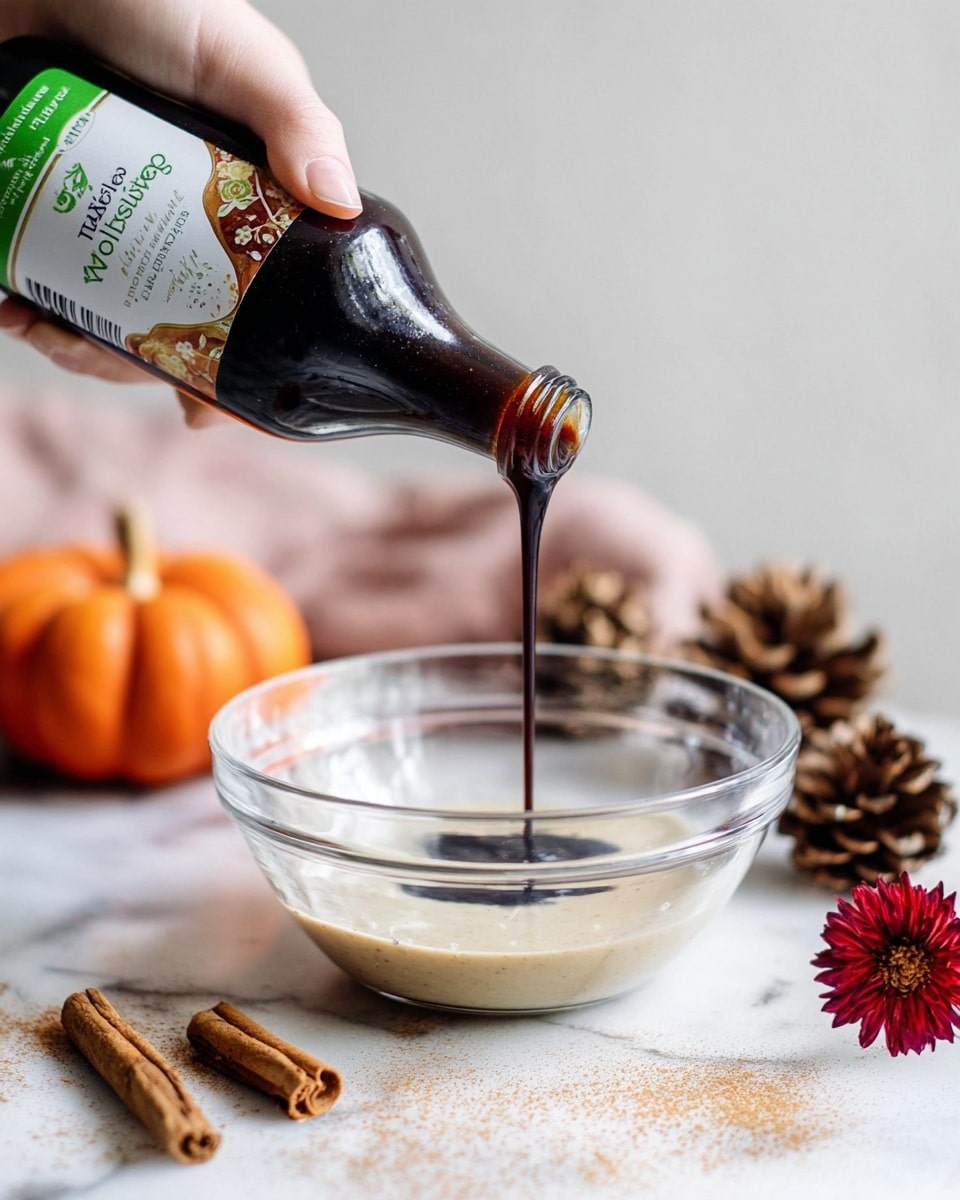 A close-up image shows a woman's hand pouring thick, dark brown molasses from a green and white labeled bottle into a clear glass bowl that contains a light beige creamy liquid. The bowl sits on a white marbled surface sprinkled lightly with cinnamon powder. Around the bowl are fall-themed decorations, including a small orange pumpkin, a red dried flower, a cinnamon stick, and a pinecone, all on the same white marbled surface. The background is soft with a light beige tone, keeping the focus on the bowl and pouring molasses. Photo taken with an iphone --ar 4:5 --v 7