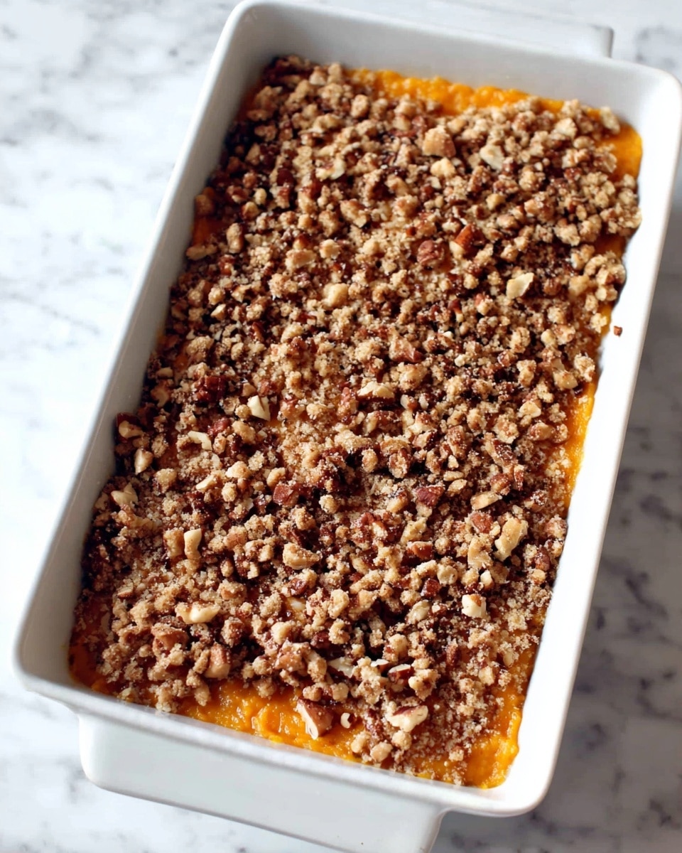 A white rectangular baking dish filled with a dessert that has two visible layers: a bright orange bottom layer with a smooth texture, topped with a thick, crumbly brown layer made of small pieces of nuts and streusel. The dish is placed on a white marbled surface. photo taken with an iphone --ar 4:5 --v 7