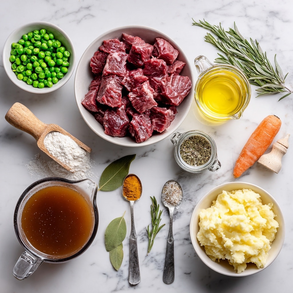 A flat lay of ingredients arranged on a white marbled surface showing fresh stew meat in a white bowl filled with deep red chunks of meat, a small white bowl of white flour with a wooden scoop inside, a small glass jug of light golden olive oil, a white bowl with bright green frozen peas, a small bowl of creamy mashed potatoes with a light fluffy texture, a single fresh orange carrot placed lengthwise, a clear measuring cup filled with dark brown beef broth, two metal spoons with light brown garlic and onion powders, two green bay leaves, a small jar filled with dried thyme with a small wooden spoon on top, a few green sprigs of rosemary, and a small metal shaker of black pepper and salt in the center; everything is laid out neatly and clearly labeled photo taken with an iphone --ar 4:5 --v 7