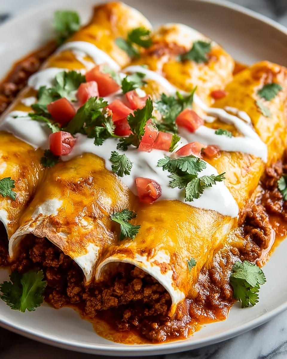 Three rolled tortillas filled with cooked ground meat in a red sauce, placed side by side on a white plate. The tortillas are covered with a melted yellow cheese layer that shines and has browned edges. On top, there is a white sour cream line running across the rolls, garnished with green cilantro leaves and small red diced tomatoes. More cilantro leaves are scattered around the plate's edge. The plate sits on a white marbled surface. Photo taken with an iphone --ar 4:5 --v 7