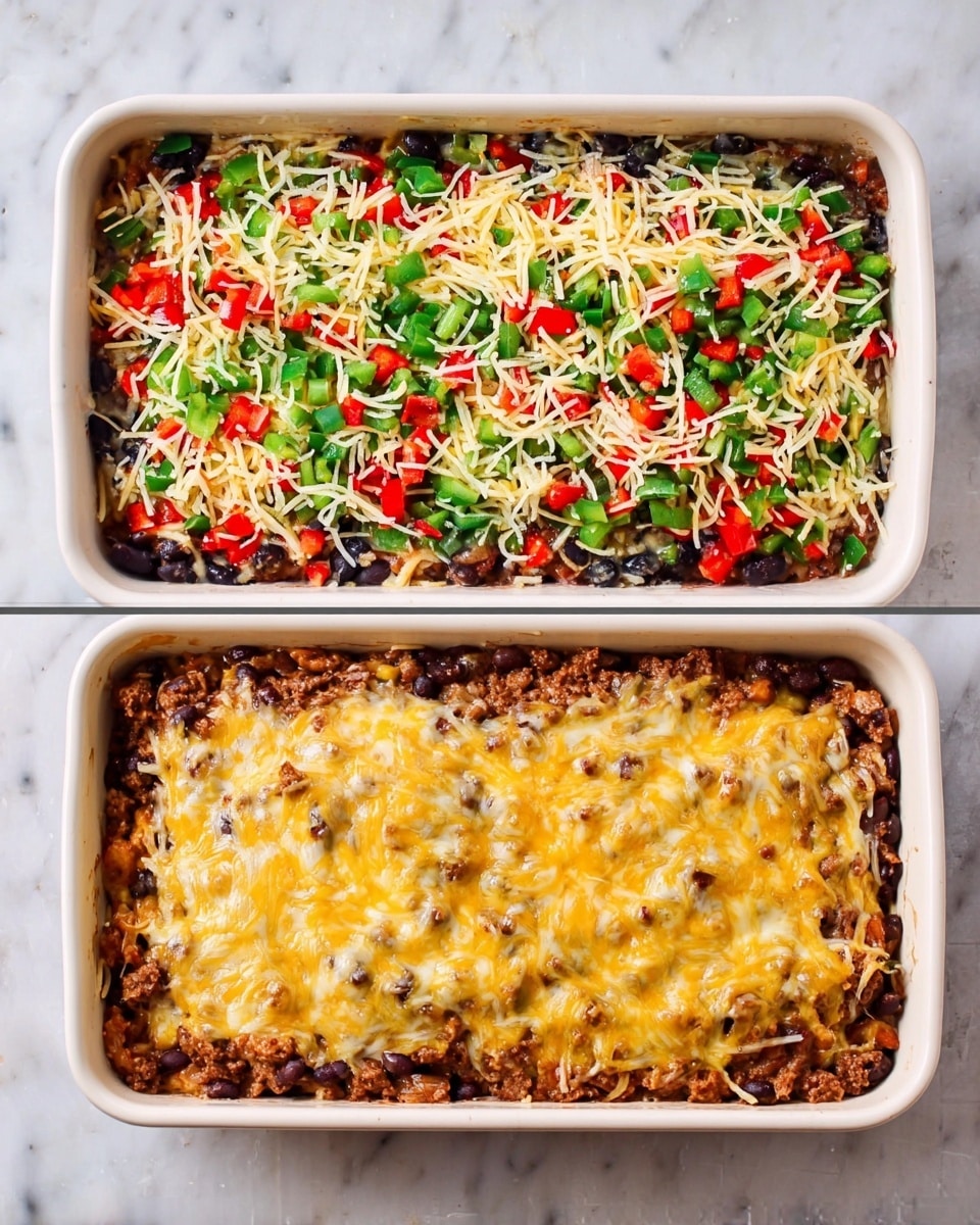 The dish is a two-layer casserole in a white tray, shown first with raw ingredients and then baked. The bottom layer is dense with browned meat and dark beans, topped with a mix of chopped green and red bell peppers scattered evenly over it. The top layer is a generous mix of shredded yellow and white cheese spread all over, covering the peppers and meat partially. After baking, the cheese becomes melted and bubbly with brown spots, blending smoothly with the vibrant red and green peppers and the darker cooked meat layer underneath, all in a rectangular white tray placed on a white marbled surface. Photo taken with an iphone --ar 4:5 --v 7