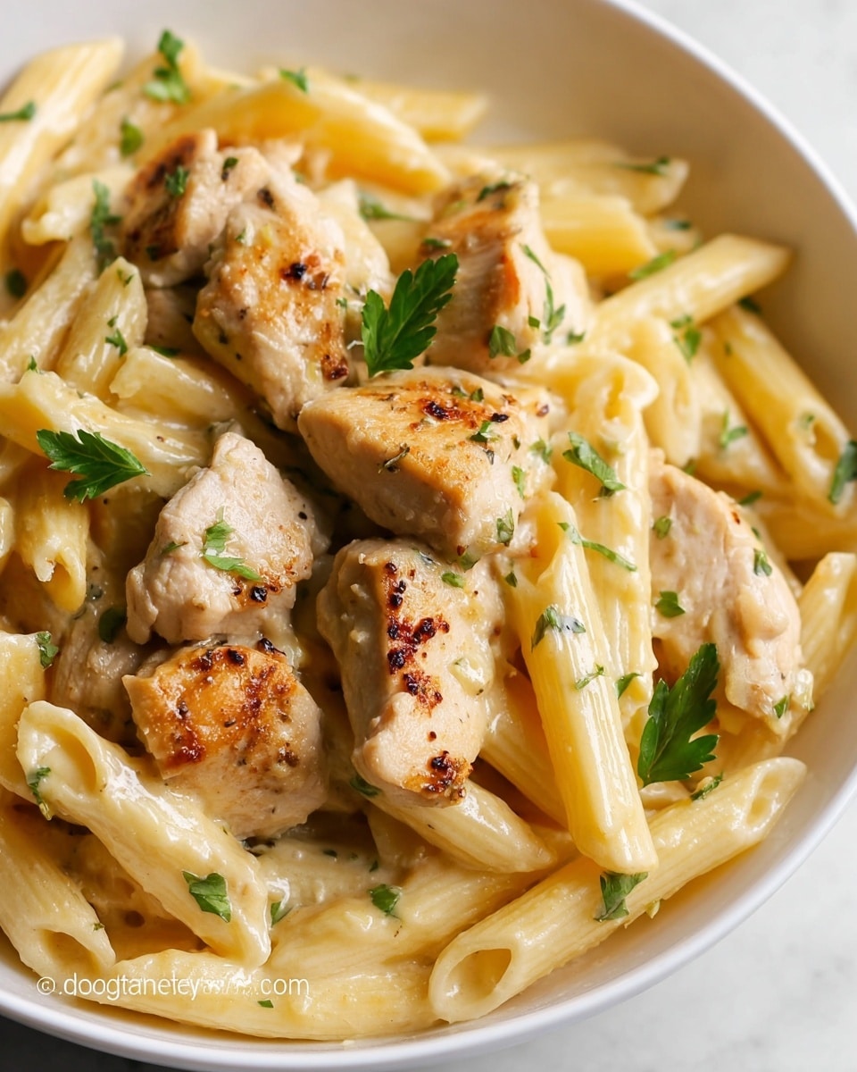 A close-up view of a white bowl filled with creamy pasta and pieces of cooked chicken. The pasta is penne, light yellow in color, coated with a smooth, creamy sauce. On top and mixed in are medium-sized, lightly browned pieces of chicken with a slightly crispy texture. Small green parsley leaves are scattered over the dish, adding a fresh pop of color. The sauce clings to both the pasta and chicken, creating a rich, smooth texture. The bowl sits on a white marbled surface. Photo taken with an iphone --ar 4:5 --v 7
