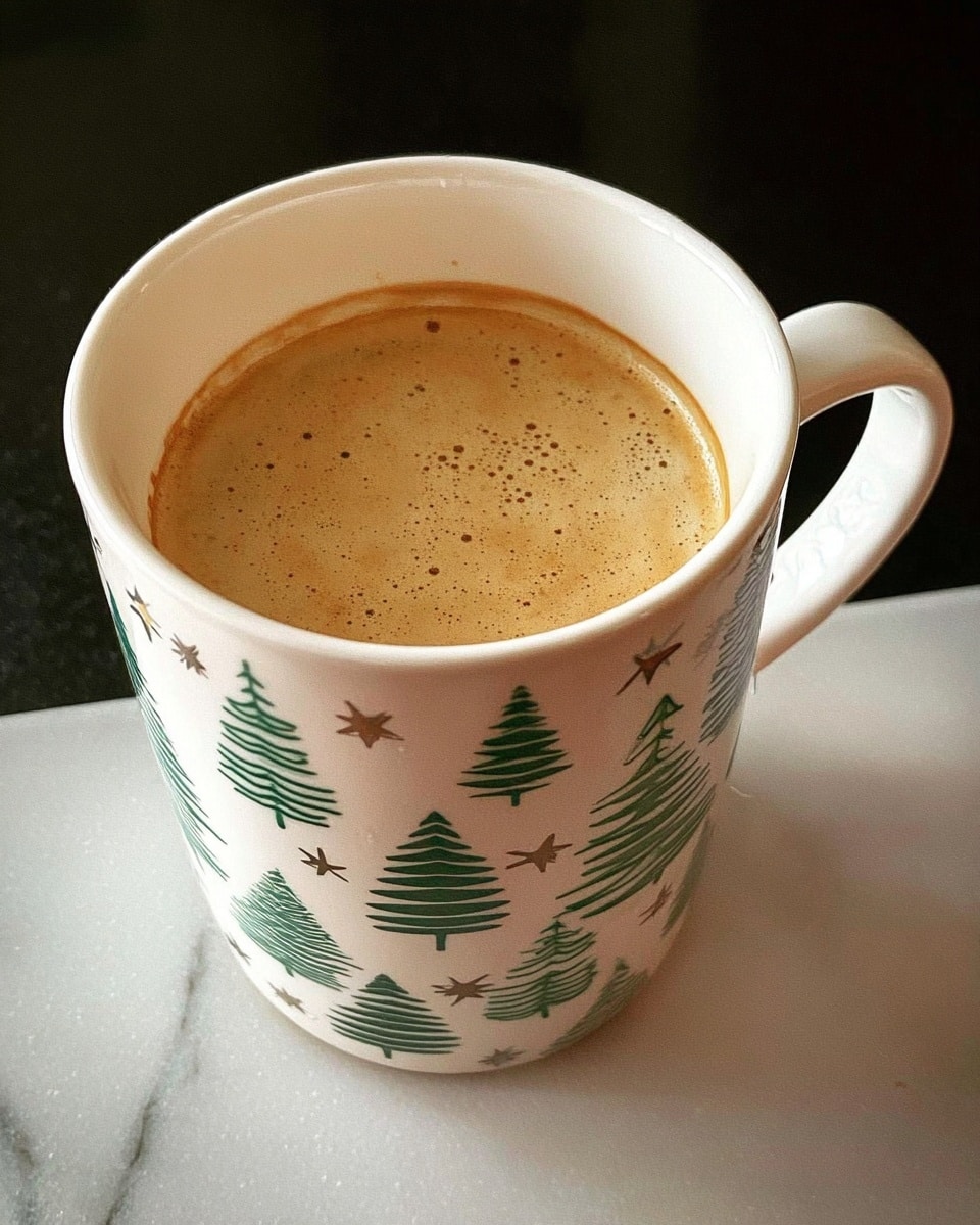 A white mug with green Christmas tree and star patterns is filled with light brown coffee with a smooth surface and some small specks on top. The mug has a large handle on the right side and is placed on a white marbled surface. The scene looks warm and cozy. photo taken with an iphone --ar 4:5 --v 7