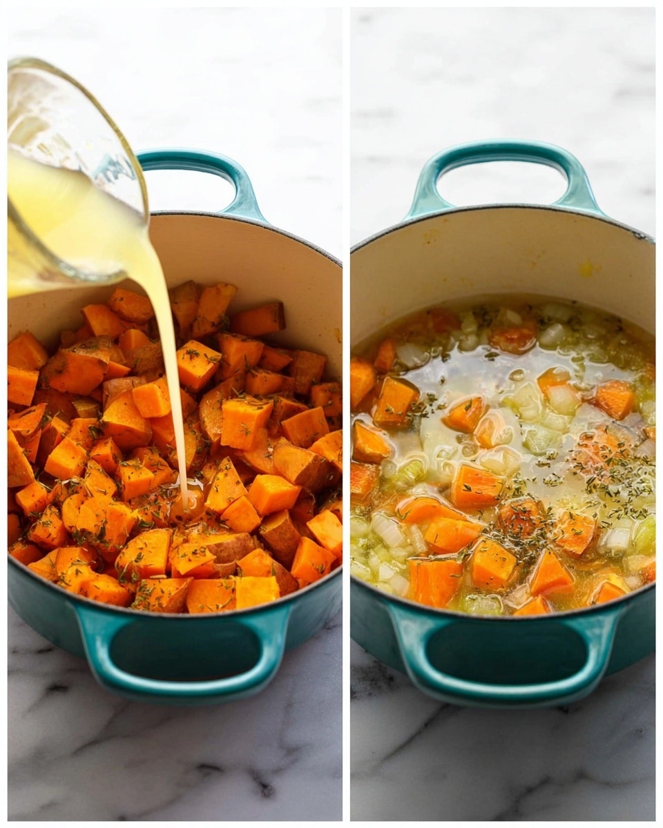 Two images show a cooking pot with orange and pale yellow cubed vegetables inside, placed on a white marbled surface. In the left image, light yellow liquid is being poured into the pot, which is filled with a mix of cubed sweet potatoes and other similar vegetables, with a textured look from herbs and small pieces of onion. In the right image, a white liquid is poured over the simmering vegetables, now partially covered in a thin broth with herbs floating on top. The pot is deep and round, with teal handles on each side, and the image has a clear, bright natural light. photo taken with an iphone --ar 4:5 --v 7