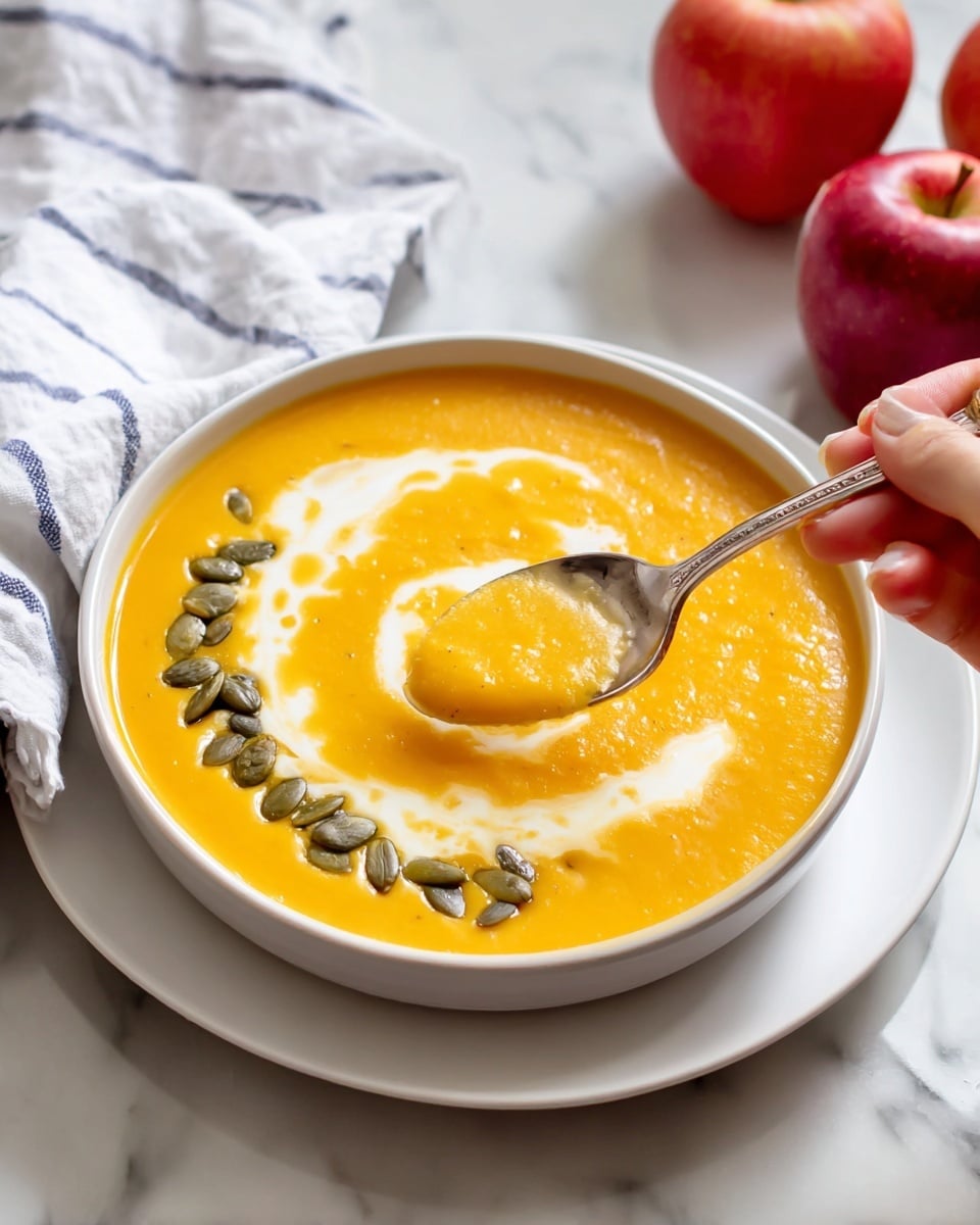 A shallow white bowl sits on a white plate, filled with smooth, bright orange soup. The soup has a swirl of white cream on top, and a row of green pumpkin seeds lines one edge inside the bowl. A silver spoon holds some soup near the center, with a woman's hand holding the spoon on the right side of the image. The background shows a white marbled surface, two red apples, and a white cloth with blue stripes. photo taken with an iphone --ar 4:5 --v 7