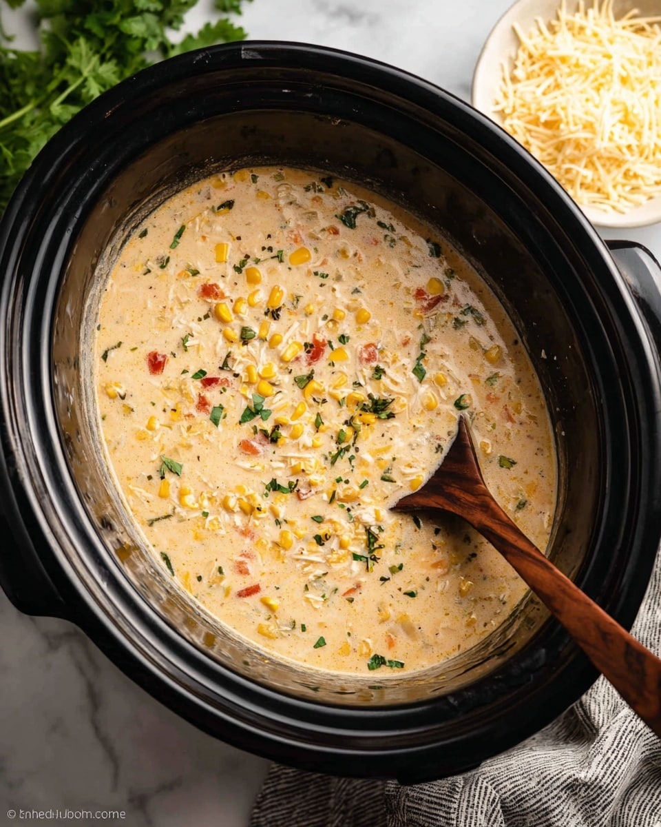 A black slow cooker filled with creamy soup that has a light beige color with visible yellow corn kernels, small tomato pieces, and green herb bits mixed throughout. A wooden spoon with a dark brown handle is resting inside the soup on the right side. In the top right corner of the image, there is a white bowl containing shredded white cheese. Some green leafy herbs are partially visible near the left edge of the frame. The slow cooker sits on a white marbled textured surface with a gray and white striped cloth near the bottom right side. Photo taken with an iphone --ar 4:5 --v 7