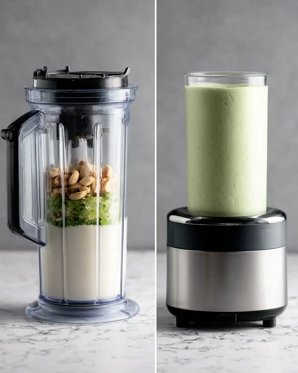 The first image shows a clear blender cup sitting on a white marbled surface, filled with several layers: a bottom layer of white yogurt or cream, a middle layer of chopped green vegetables or herbs, and a top layer of small, light beige nuts. The cup has a black lid with blades inside. The second image shows the same blender cup now filled with a smooth, light green blended mixture, still standing on the white marbled surface attached to a silver blender base with black accents. The blend looks creamy and airy, filling the cup up to the top. photo taken with an iphone --ar 4:5 --v 7