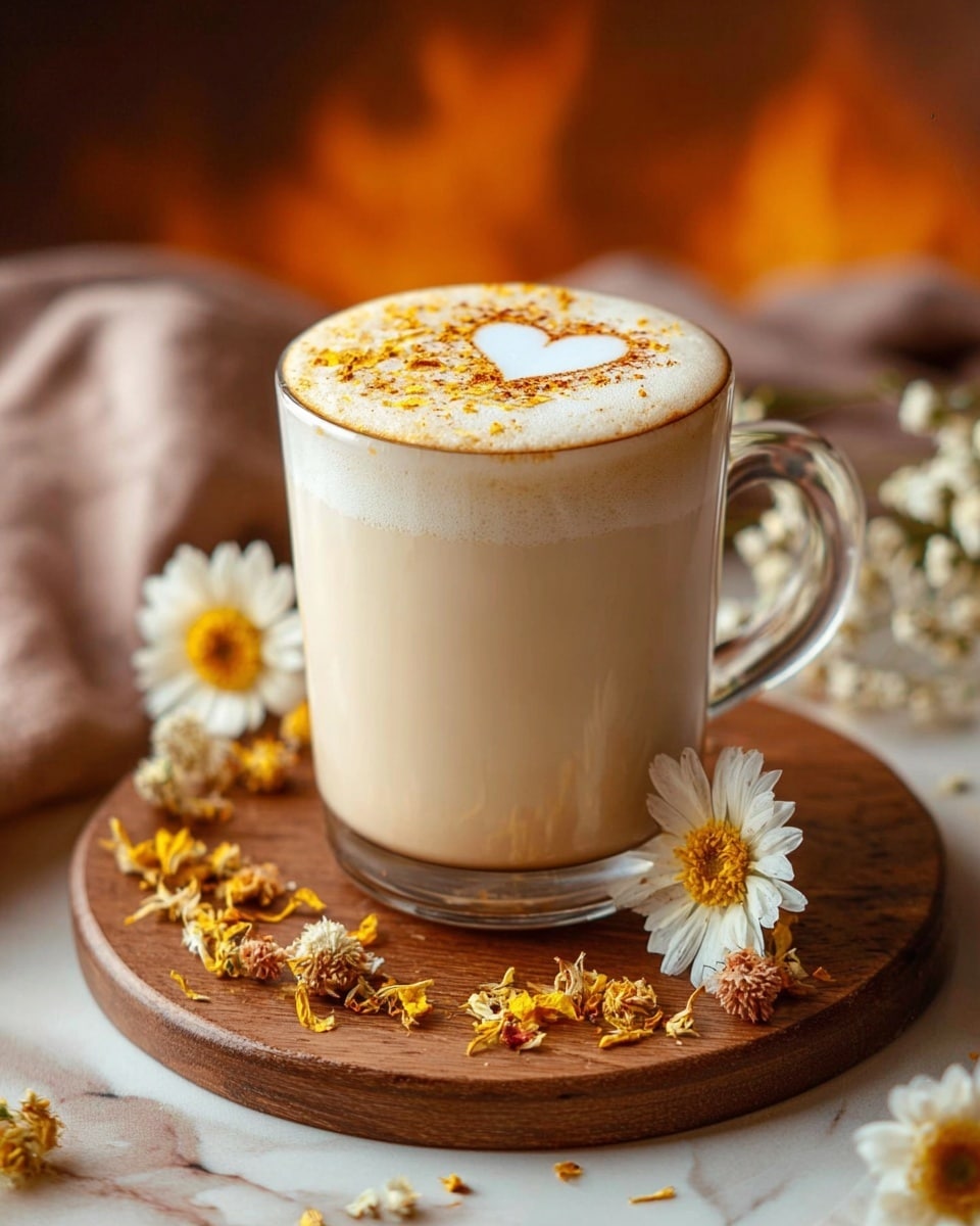 A white mug filled with a creamy coffee drink topped with thick white foam that covers the surface unevenly. On top of the foam, there is a drizzle of light brown syrup spread across in a loose pattern and sprinkled with small dark specks, likely ground spices. A small bright yellow flower with a textured center rests gently on the foam near the edge of the mug. The mug sits on a soft white marbled surface with a blurred pale background. photo taken with an iphone --ar 4:5 --v 7