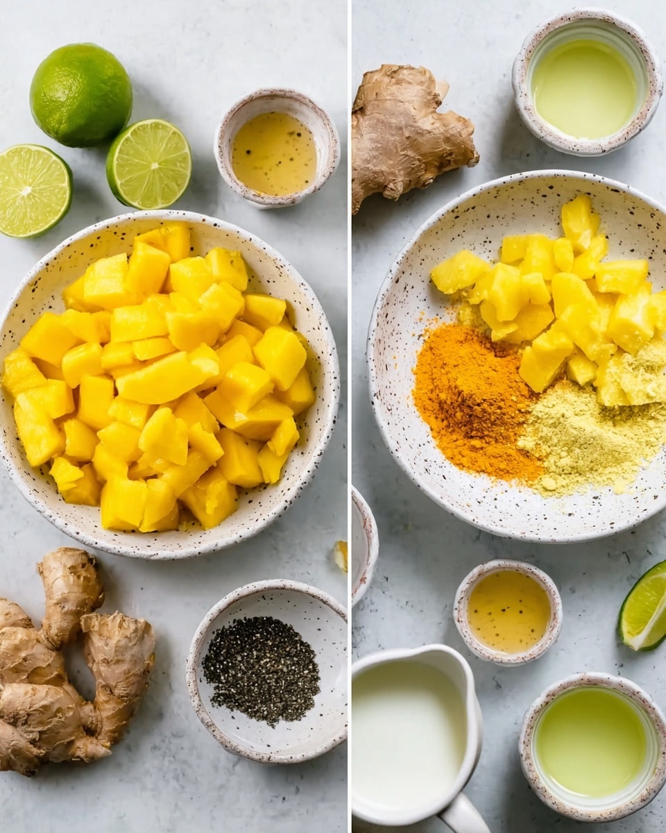 The image shows two white speckled bowls on a white marbled surface. The larger bowl on the left is filled with bright yellow cubed pieces, likely fruit. The smaller bowl on the right contains three piles of ingredients: a bright orange powder, pale yellow grated or mashed substance, and a small amount of black ground spice. Around the bowls are lime halves and wedges, fresh ginger roots, a few small bowls with light green liquid, honey, and a white creamy liquid in a speckled white pitcher. The setup is neat and bright, with ingredients arranged clearly, showing fresh and natural textures. photo taken with an iphone --ar 4:5 --v 7