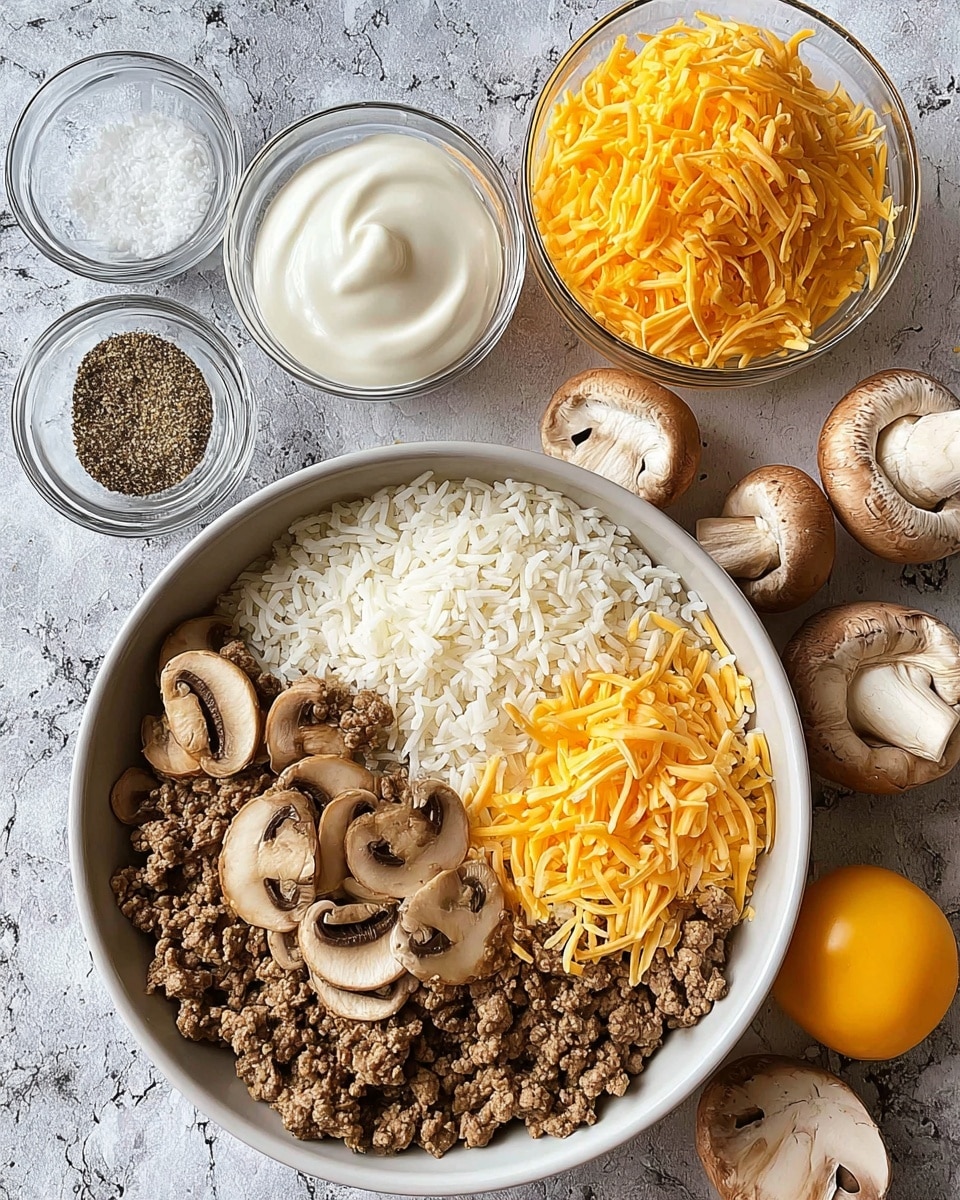 A white round bowl filled with two main layers: on the left, a layer of cooked ground meat mixed with sliced brown mushrooms, showing a crumbly and slightly moist texture; on the right, a mound of white cooked rice topped with scattered shredded orange cheese. Around the bowl, there are glass bowls of white sour cream, ground pepper, and shredded cheddar cheese placed on a white marbled surface. To the right, some whole and sliced mushrooms and a whole yellow tomato sit beside the bowl. Photo taken with an iphone --ar 4:5 --v 7
