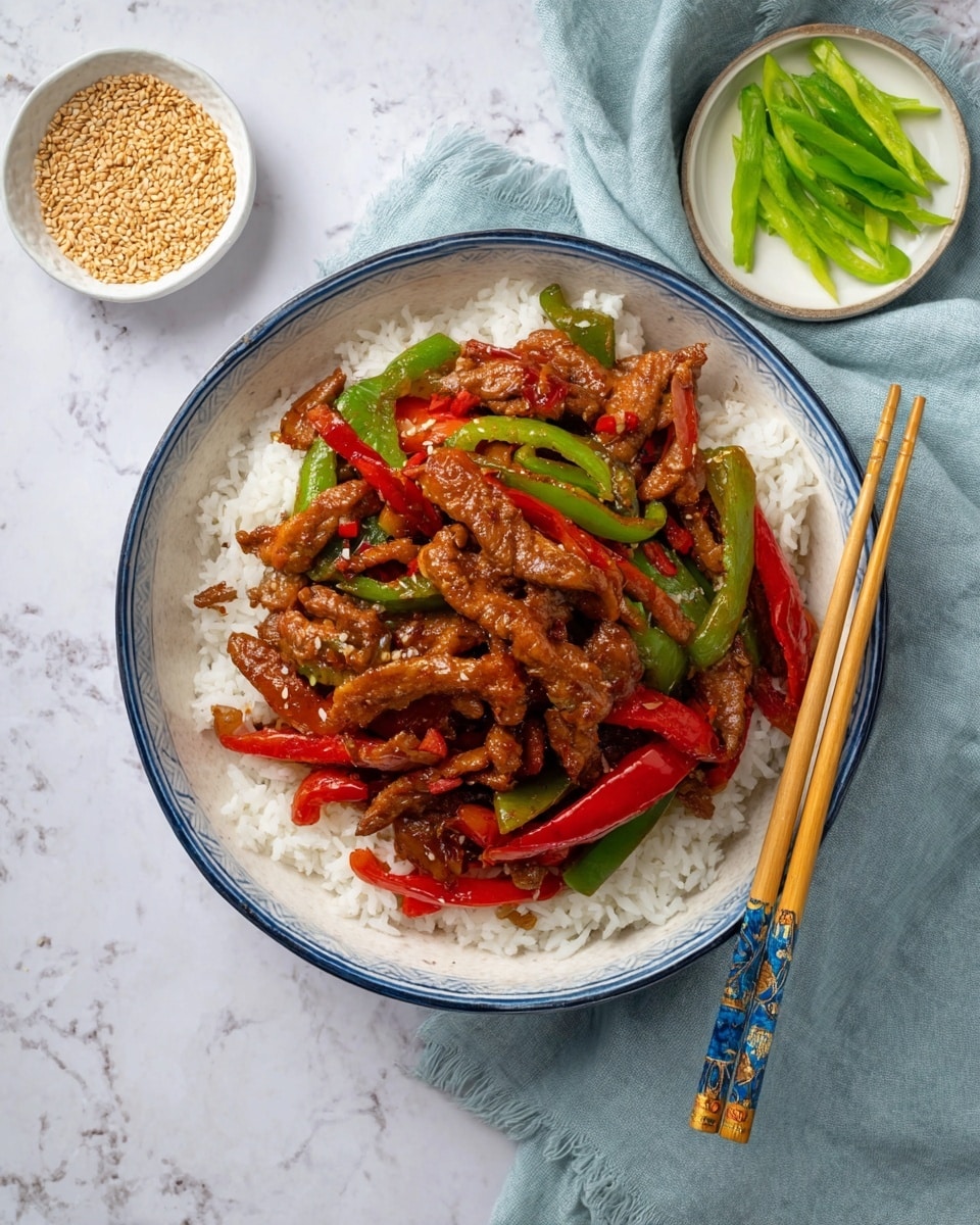 In a white bowl with a blue rim, there is a base layer of white rice topped with a layer of stir-fried brown meat strips mixed with red and green bell pepper slices, giving a mix of rich brown, bright red, and vibrant green colors. A pair of light wooden chopsticks with blue and gold patterns rest on the edge of the bowl. Around the bowl, there are two small white bowls, one filled with light brown sesame seeds and the other with bright green sliced vegetables. The bowl is placed on a soft, light blue cloth over a white marbled surface. Photo taken with an iphone --ar 4:5 --v 7