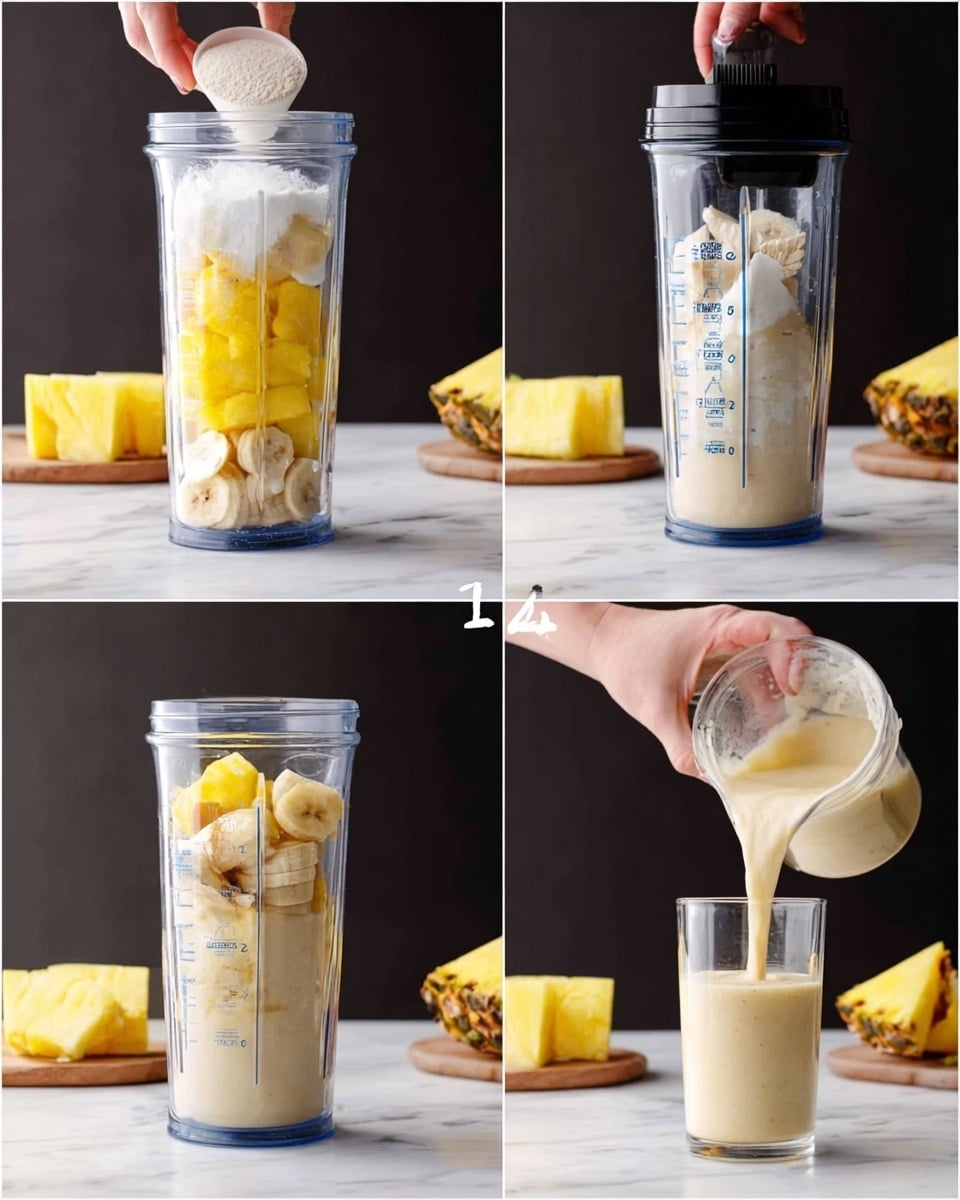 The collage shows four steps of making a smoothie in a clear blender cup set on a white marbled surface with a dark background. In the first image, the cup holds three layers: ice cubes at the bottom, bright yellow pineapple chunks in the middle, and light beige sliced banana pieces on top, with a wooden spoon pouring white coconut cream over the banana. The second image shows the cup with a black lid on, the ice, pineapple, and banana layers visible through the clear cup. In the third image, a woman's hand adds a scoop of light beige powder over the creamy white liquid filling the cup nearly to the top. The fourth image captures a woman's hand pouring the smooth light yellow smoothie from the clear cup into a short clear glass on the white marbled surface, with a fresh pineapple wedge on the rim. Photo taken with an iphone --ar 4:5 --v 7