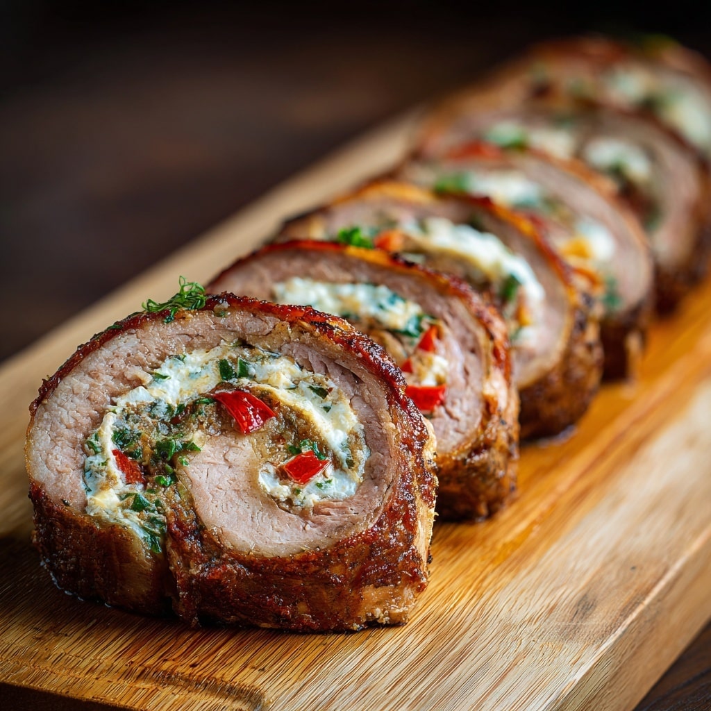 The image shows a row of six thick slices of a rolled meat dish on a wooden board. Each slice has three visible layers: a brown outer meat layer with a slightly crispy texture, a pink inner meat layer that looks tender, and a creamy filling in the center with white, green, and red bits that appear to be cheese, herbs, and small pieces of red pepper. The slices are arranged from front to back, with the front slice in sharp focus and the rest gradually blurred. The wooden board has a natural grain and light brown color. photo taken with an iphone --ar 4:5 --v 7