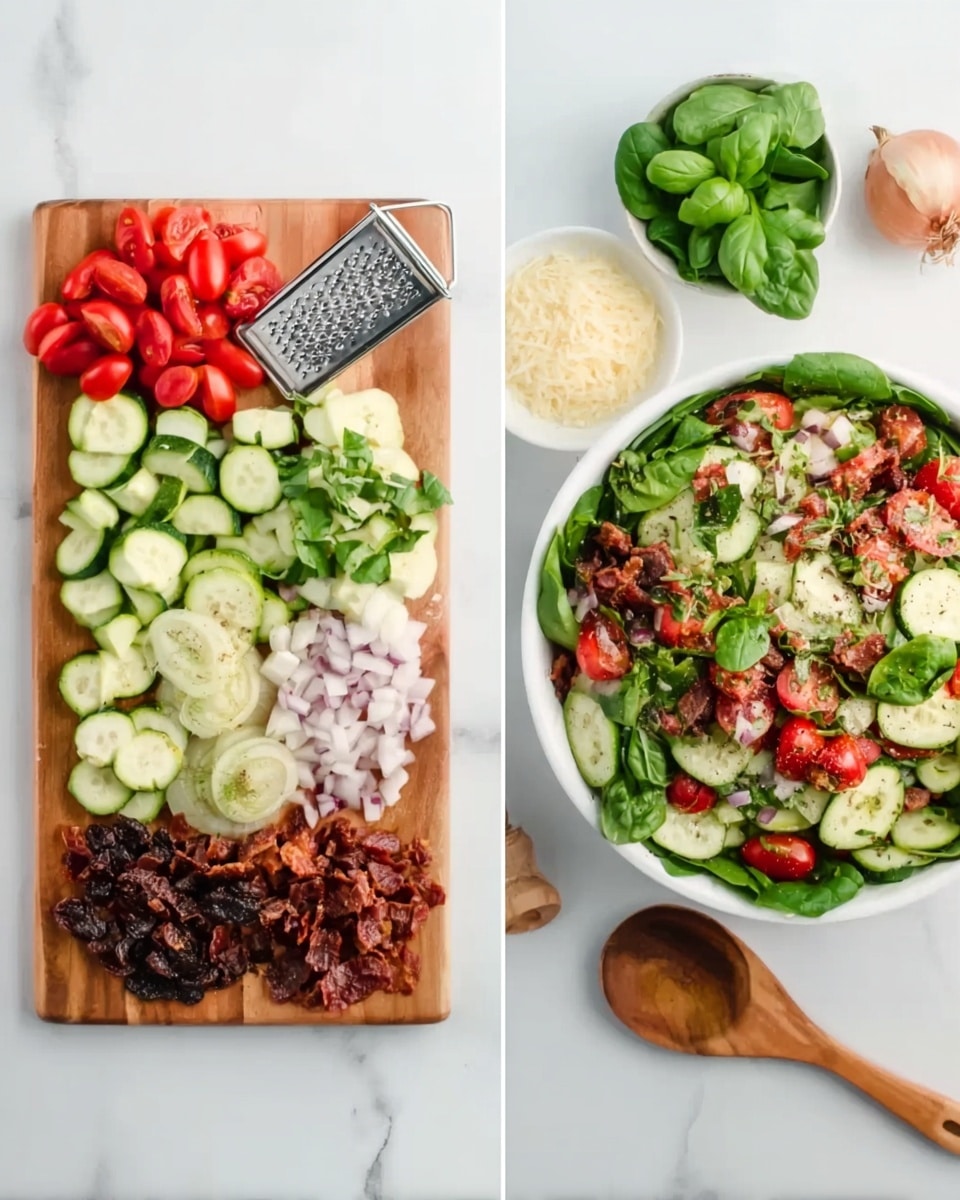The image shows two parts: on the left, a wooden board with chopped fresh ingredients neatly arranged in rows including light green zucchini slices, red grape tomatoes, dark brown sun-dried tomatoes, green fresh basil leaves, light pink shallots, and white grated cheese with a metal grater on top, all placed on a white marbled surface. On the right, a white bowl filled with a fresh salad made of green spinach leaves, sliced light green cucumbers, red grape tomatoes, light pink shallots, and dark brown sun-dried tomatoes, with a woman's hand holding a wooden spoon ready to mix the salad. The scene is bright and clear. Photo taken with an iphone --ar 4:5 --v 7