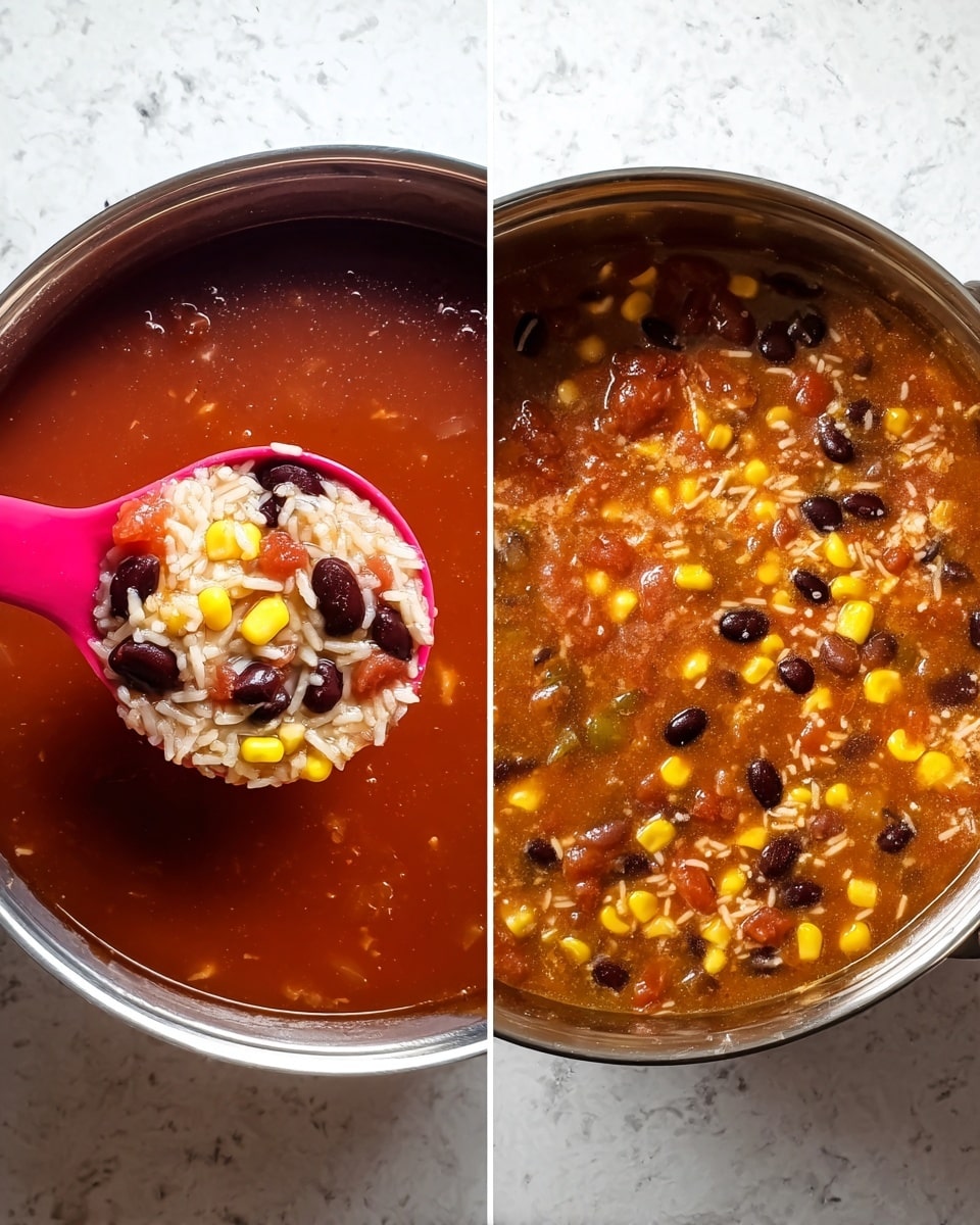 The image shows two stages of a thick soup cooking in a stainless steel pot on a white marbled surface. On the left, the soup base is a smooth deep red tomato liquid, with a pink spoon lifting a scoop filled with white rice, black beans, corn kernels, and small pieces of onions and tomatoes. On the right, the ingredients are fully mixed, creating a chunky, tomato-colored soup filled with visible layers of white rice, yellow corn, black beans, and bits of onions, all suspended in a thick broth. photo taken with an iphone --ar 4:5 --v 7