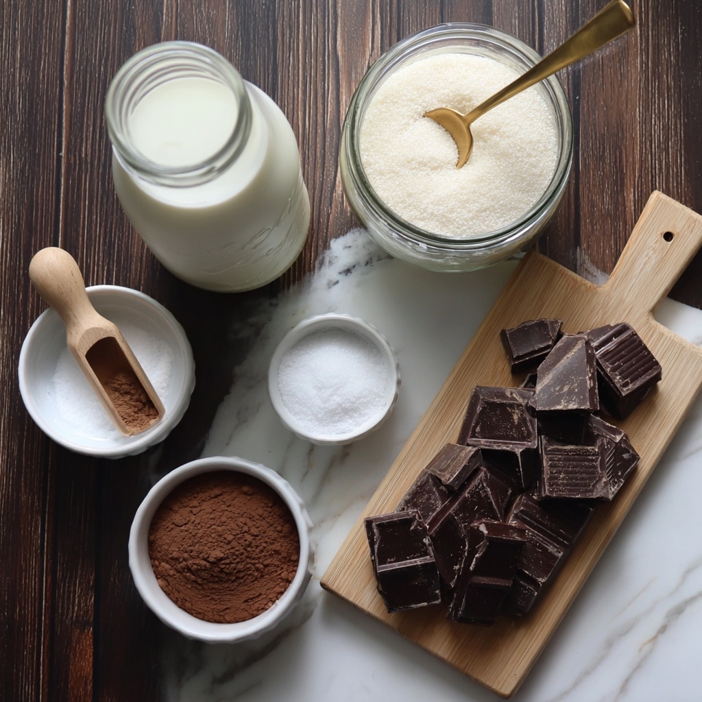 The image shows several ingredients arranged on a dark wooden table with a white marbled texture in the background. In the center is a clear glass bottle filled with 4 cups of whole milk with the mouth of the bottle open. Above and to the right is a glass jar filled with white granulated sugar, with a golden spoon resting inside, labeled 1/4 cup. To the right, a wooden cutting board holds 3.5 oz of roughly chopped dark chocolate, showing different sized pieces with rough edges. Below the milk bottle is a small white bowl containing 3 tbsp of unsweetened cocoa powder, the powder has a soft, smooth texture. Beside it to the left is a tiny white dish containing 1/4 tsp of salt with a small wooden scoop resting on top. Above the small dish is a small dark brown vial labeled 1 tsp vanilla extract. Below the vanilla vial is a small white bowl with 1 tbsp of fine white cornstarch, slightly powdery and mounded in the center. The composition is neat and well spaced across the wooden table. Photo taken with an iphone --ar 4:5 --v 7