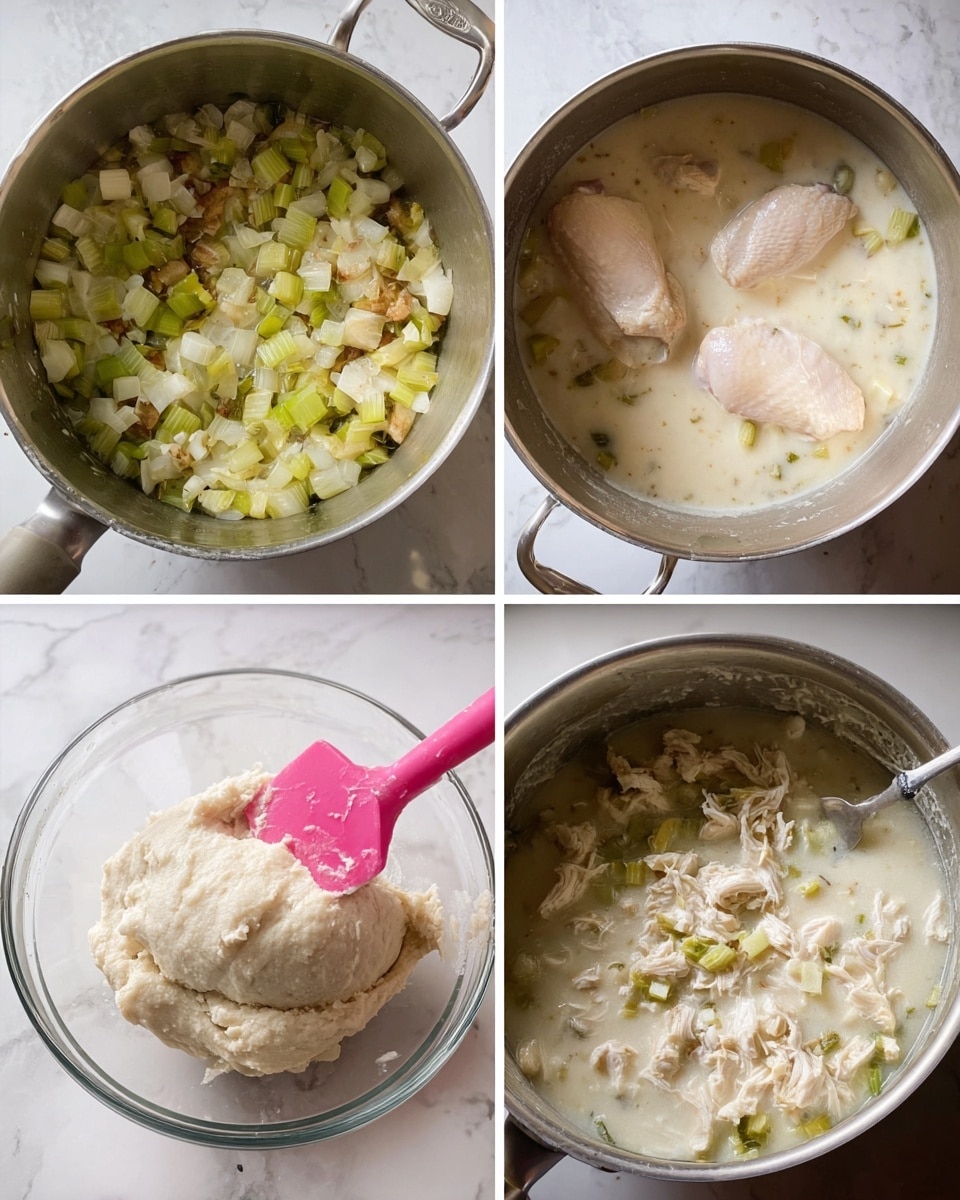The image shows multiple clear glass bowls and measuring cups arranged neatly on a white marbled surface, each containing a different cooking ingredient labeled with white tags. From left to right: a stick of butter next to a small bowl of flour, a small bowl with chopped white onions, a small bowl with green celery slices, a small bowl with finely chopped garlic, a medium bowl with two raw chicken pieces, a large bowl filled with flour, a small bowl with yellow shredded cold butter, two small bowls with seasoning and leavening powders, and two glass measuring cups filled with milk and chicken broth. All items are evenly spaced and clearly visible. photo taken with an iphone --ar 4:5 --v 7
