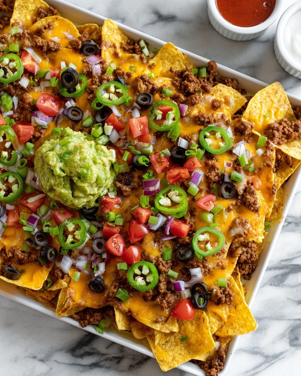 A white rectangular tray full of nachos with three main layers: the bottom layer is thick yellow tortilla chips, the middle layer has cooked brown ground meat and melted orange-yellow cheese spread unevenly, and the top layer is a mix of colorful fresh toppings including green sliced jalapeños, black olive slices, chopped red tomatoes, diced purple onions, and chopped green onions. On one side of the tray, there is a scoop of chunky green guacamole. The tray is placed on a white marbled surface and two white ramekins with red and white sauces are partially visible in the background. Photo taken with an iphone --ar 4:5 --v 7