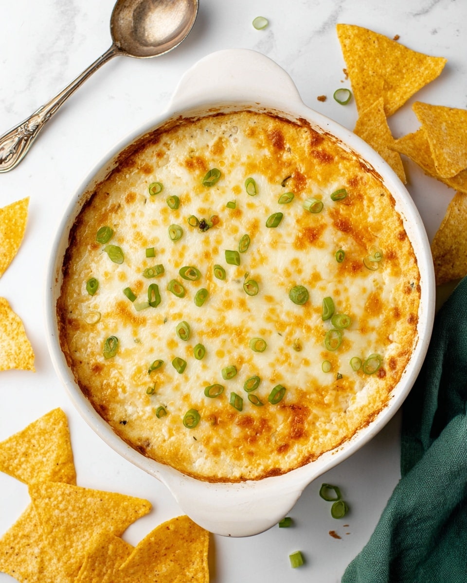 The dish is a round baked casserole in a white ceramic pan, with a top layer of melted, golden-brown cheese that is bubbly and slightly crispy around the edges. Scattered green onion slices add small green pops of color on the creamy cheese surface. Around the pan, there are some golden-yellow triangular tortilla chips on a white marbled surface with a vintage spoon above the dish and a green cloth to the side. The whole scene is bright and clean. photo taken with an iphone --ar 4:5 --v 7