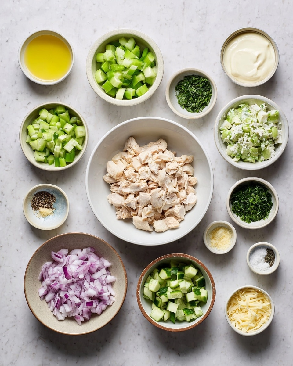 The image shows a top view of neatly placed small white bowls and a larger white bowl on a white marbled surface. The larger bowl in the center contains chopped light beige cooked chicken. Surrounding it are bowls with different ingredients: diced green celery in one bowl, diced dark green cucumbers in another, finely chopped red onions in a bowl with a brown rim, grated pale green cucumber mixed with herbs in a larger bowl, and two small bowls with chopped dark green herbs. There are also smaller bowls holding creamy white yogurt, light yellow lemon juice, crumbled light yellow cheese, minced pale yellow garlic, white salt, and a mix of black and white pepper. The colors vary from beige and light yellow to different greens, red, and white, showing fresh and clean ingredients. photo taken with an iphone --ar 4:5 --v 7
