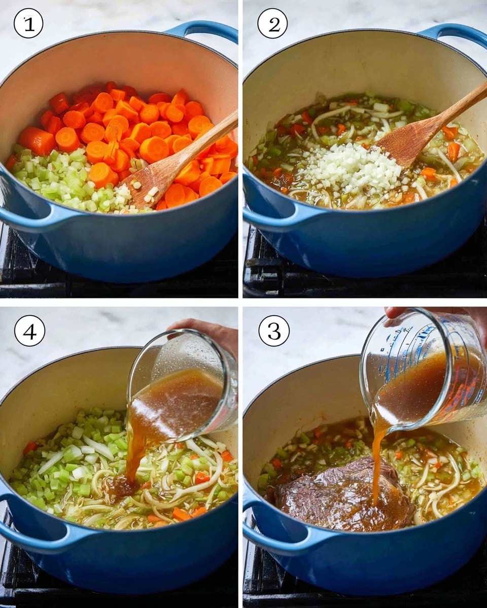 A blue large pot on a stove holds the cooking process in four-step images. The first step shows three layers inside the pot: bright orange carrot slices on the top left, light green celery pieces on the bottom left, and white onion strips on the right. In the second step, these vegetables are cooked down and mixed, with the orange carrot slices, green celery bits, and translucent onion strips clearly visible; a pile of finely chopped white garlic rests on top, near the right side. The third step has a glass measuring cup pouring a dark brown, thick sauce over the mixed vegetables inside the pot, with a wooden spoon stirring. In the fourth step, water is poured from another glass measuring cup into the pot that now contains the cooked vegetables and a large browned meat piece sitting under the surface. All is placed on a white marbled surface. Photo taken with an iphone --ar 4:5 --v 7