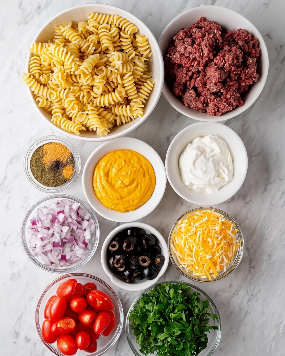 The image shows nine white bowls and one clear bowl with different ingredients arranged on a white marbled surface. At the top, a large white bowl holds raw ground beef, dark red and textured. To its right, a large white bowl with yellow cooked rotini pasta, spiraled and soft in texture. Below, a small white bowl filled with bright orange cheese sauce, smooth and creamy. Next to it, a small white bowl with yellowish-brown taco seasoning powder, fine and dry. Below, a small white bowl with sliced black olives, dark and glossy. In the center, a clear bowl filled with green chopped fresh parsley, leafy and fresh. Above and left, a small white bowl with shredded yellow cheddar cheese, finely grated. To the left of it, a small white bowl holding diced light purple onions. At the bottom left, a clear bowl contains cut cherry tomatoes, red and juicy with inner seeds visible. Above the tomatoes, a small white bowl holds thick white sour cream, smooth and creamy. The layout is neat, and all bowls contrast clearly against the white marbled surface. Photo taken with an iphone --ar 4:5 --v 7