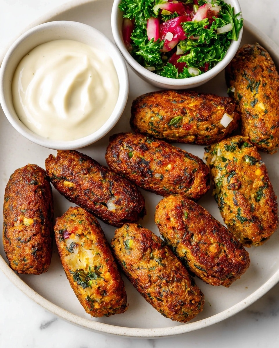The image shows a white plate with ten oblong, golden-brown falafel pieces, each textured with visible green herbs and small white bits, arranged closely together in a slightly curved line. Toward the top of the plate are two small white bowls; the left bowl holds a creamy, smooth white sauce with a light swirl pattern, and the right bowl contains a fresh salad with bright green parsley leaves, small red radish chunks, and bits of red onion. The plate sits on a white marbled surface. Photo taken with an iphone --ar 4:5 --v 7