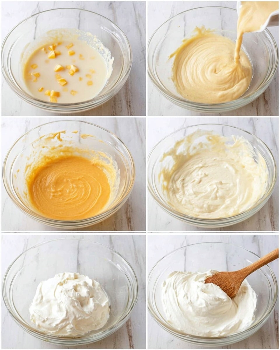 A set of six images showing the stages of mixing a light cream mixture in a clear glass bowl on a white marbled surface. The first image shows a creamy liquid with small yellowish chunks floating. The second shows the mixture blended into a smooth orange-yellow batter. The third shows a lighter cream liquid being poured into the orange batter. The fourth shows the combined mixture whipped into a thicker, pale cream texture. The fifth has a large dollop of fluffy white whipped cream sitting on the pale mixture. The sixth shows the whipped cream fully mixed in with a smooth, thick white creamy texture, a wooden spoon stirring the mixture in the bowl. Photo taken with an iphone --ar 4:5 --v 7